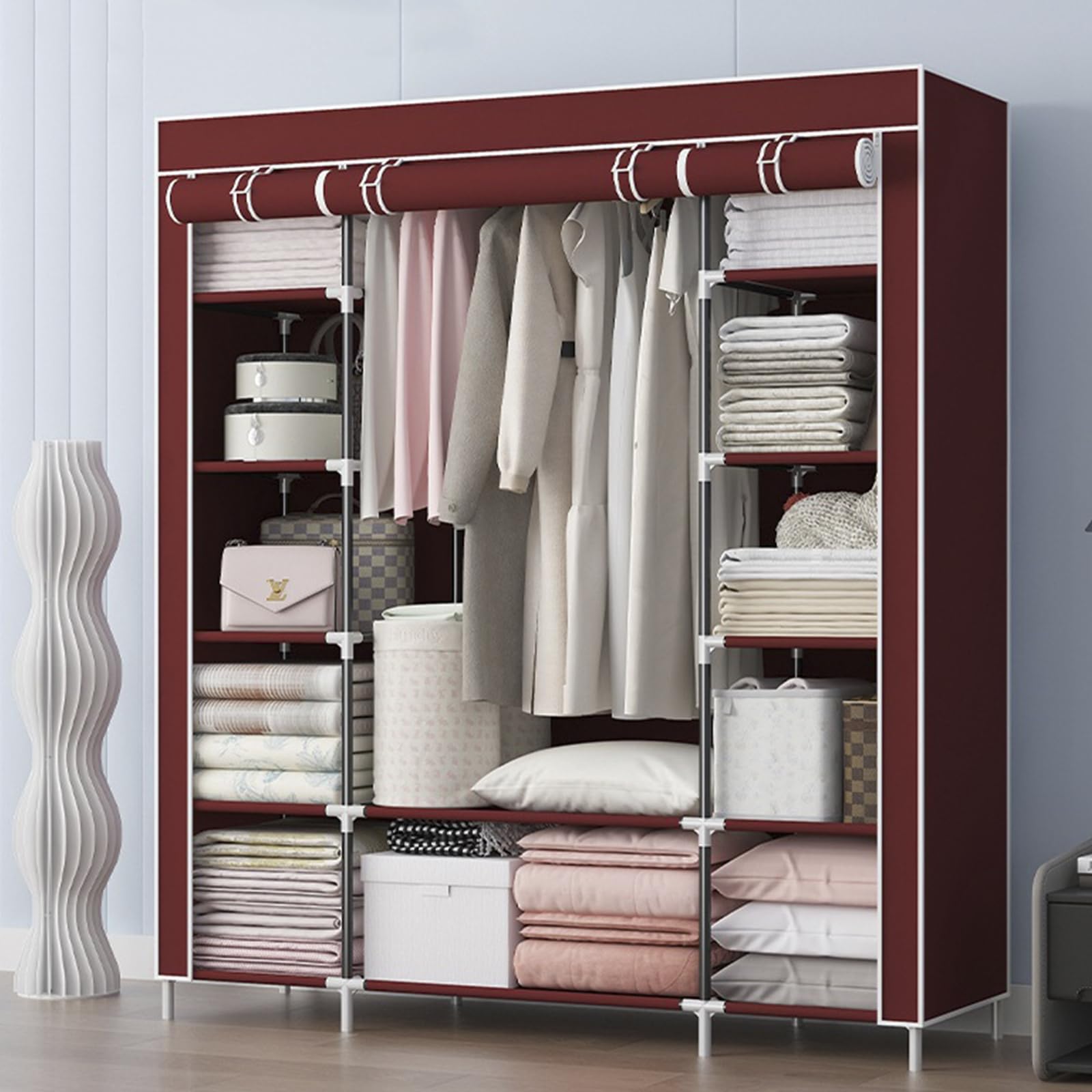 Armario de Tela Portátil, Armario Organizador de Ropa Plegable Modular con 1 Barras para Colgar & 12 Estantes, Ropero Resistente al Polvo para Dormitorio Pasillo, 128x45x175cm,Burgundy