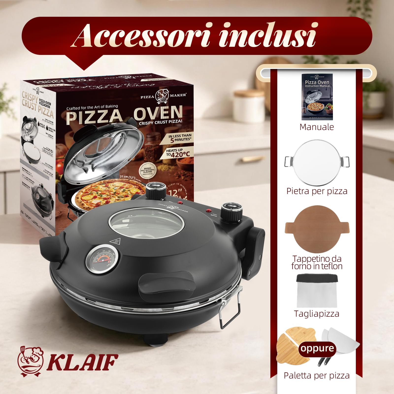 KLAIF Forno elettrico per pizza da banco con pietra in ceramica da 31 cm, due controlli di temperatura regolabili e 4 utensili per pizza LMR-nero