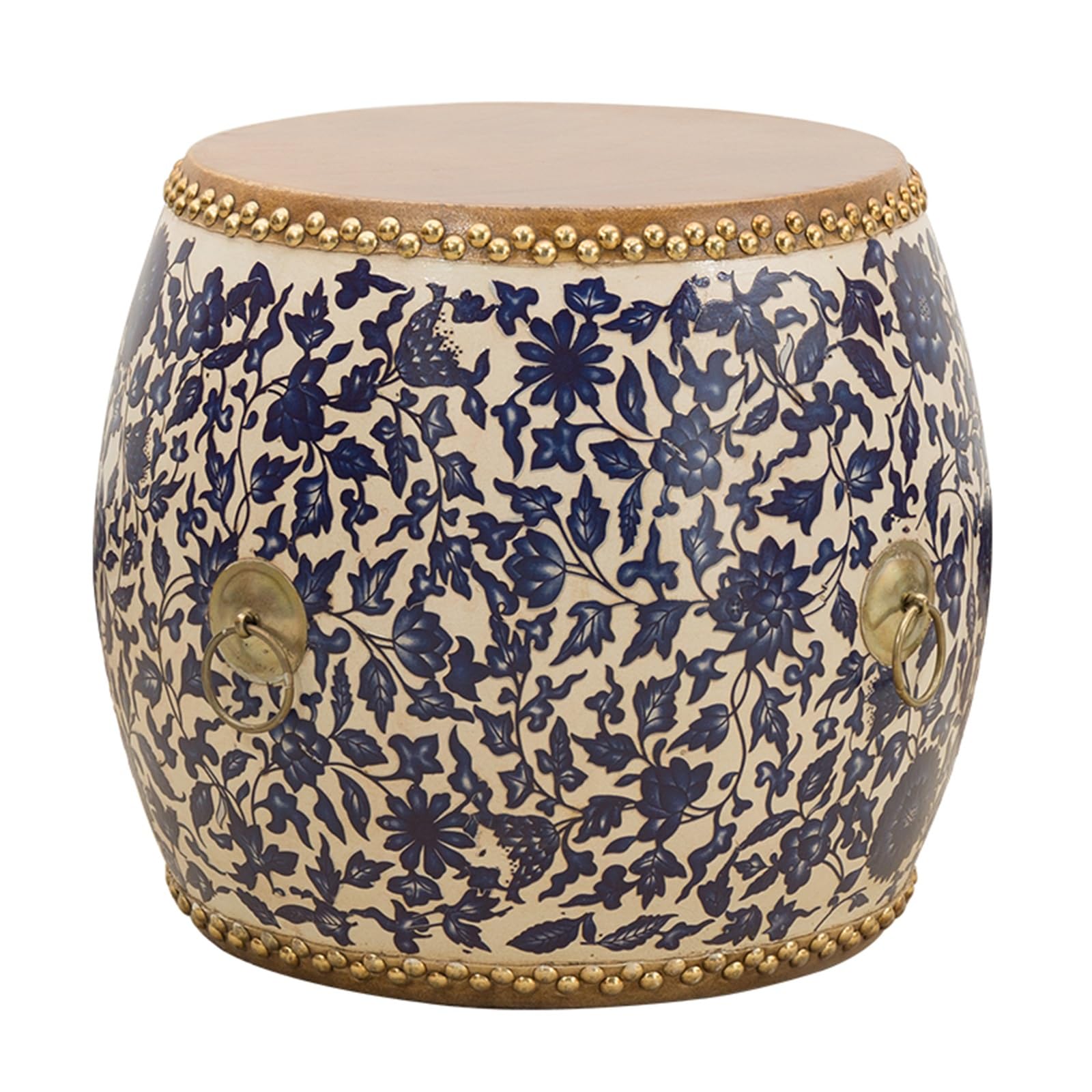 Chinese-Style Drum Stool, Glazed Hand-Painted, Decorative Garden Stool, Indoor/Outdoor, Small Drum Stool for Living Room, Balcony & Garden (White Base)