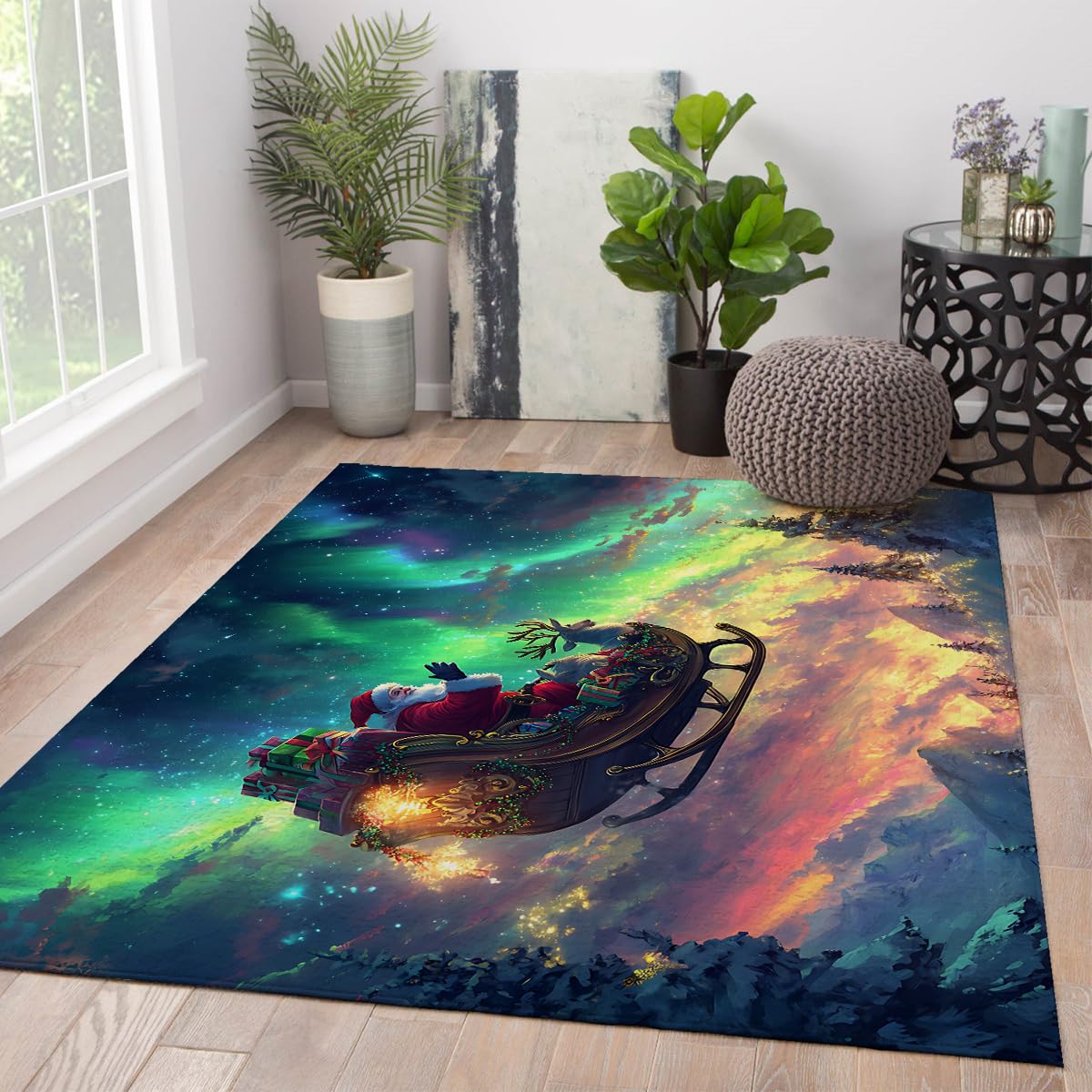 Dywan 160 x 200 cm Święty Mikołaj Cienki Składany Można prać w pralce Gabinet Wzór Aurora Odporne Antypoślizgowe Plamy Podłoga Niski Włosie Dekoracja Impreza Sypialnia Jadalnia