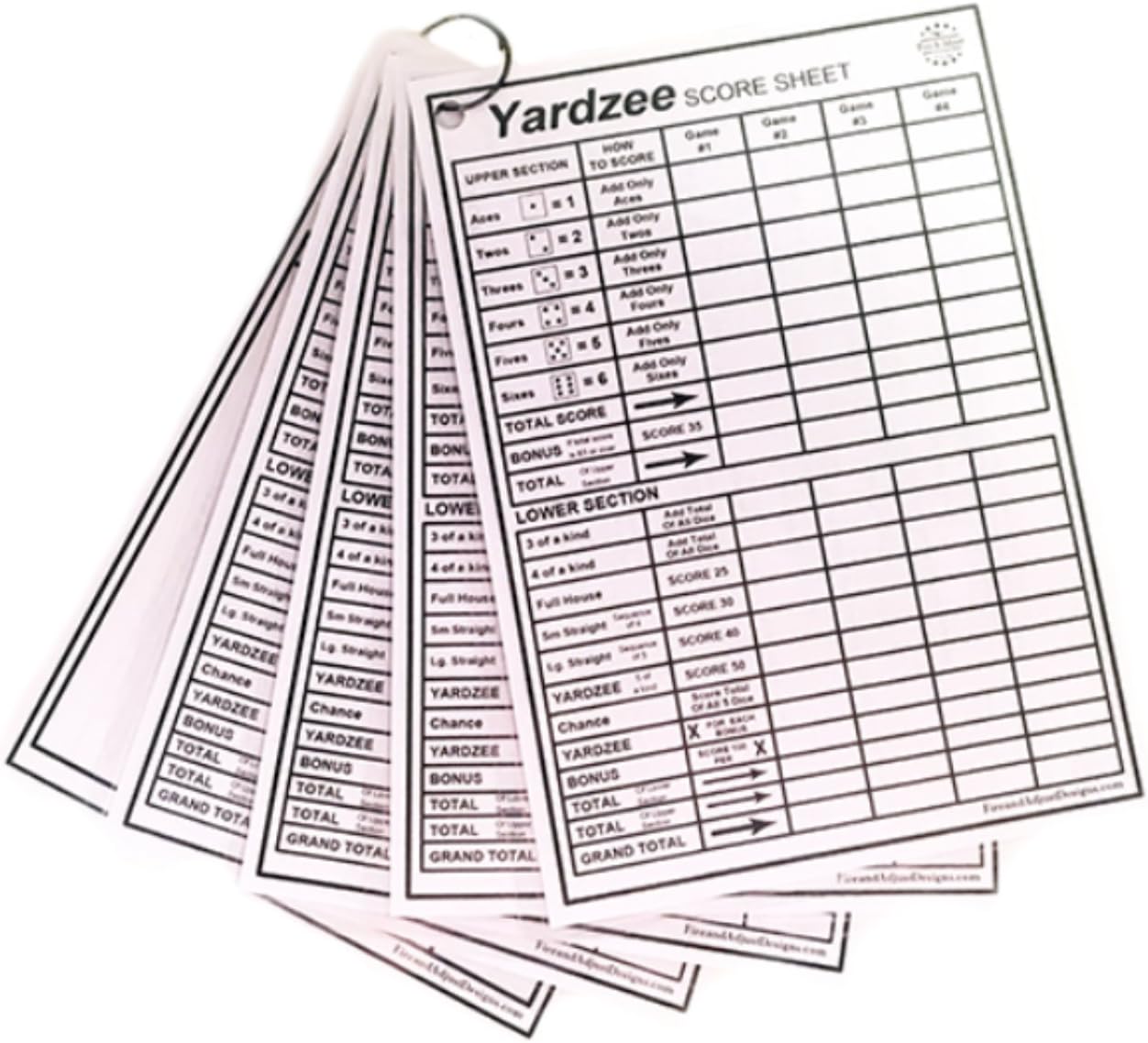 Yardzee and Yarkle 5" x 7" Yard Dice Dry Erase Score Cards - pack of 5, includes 4 Yardzee and 1 Yarkle Scorecards with Rules on back