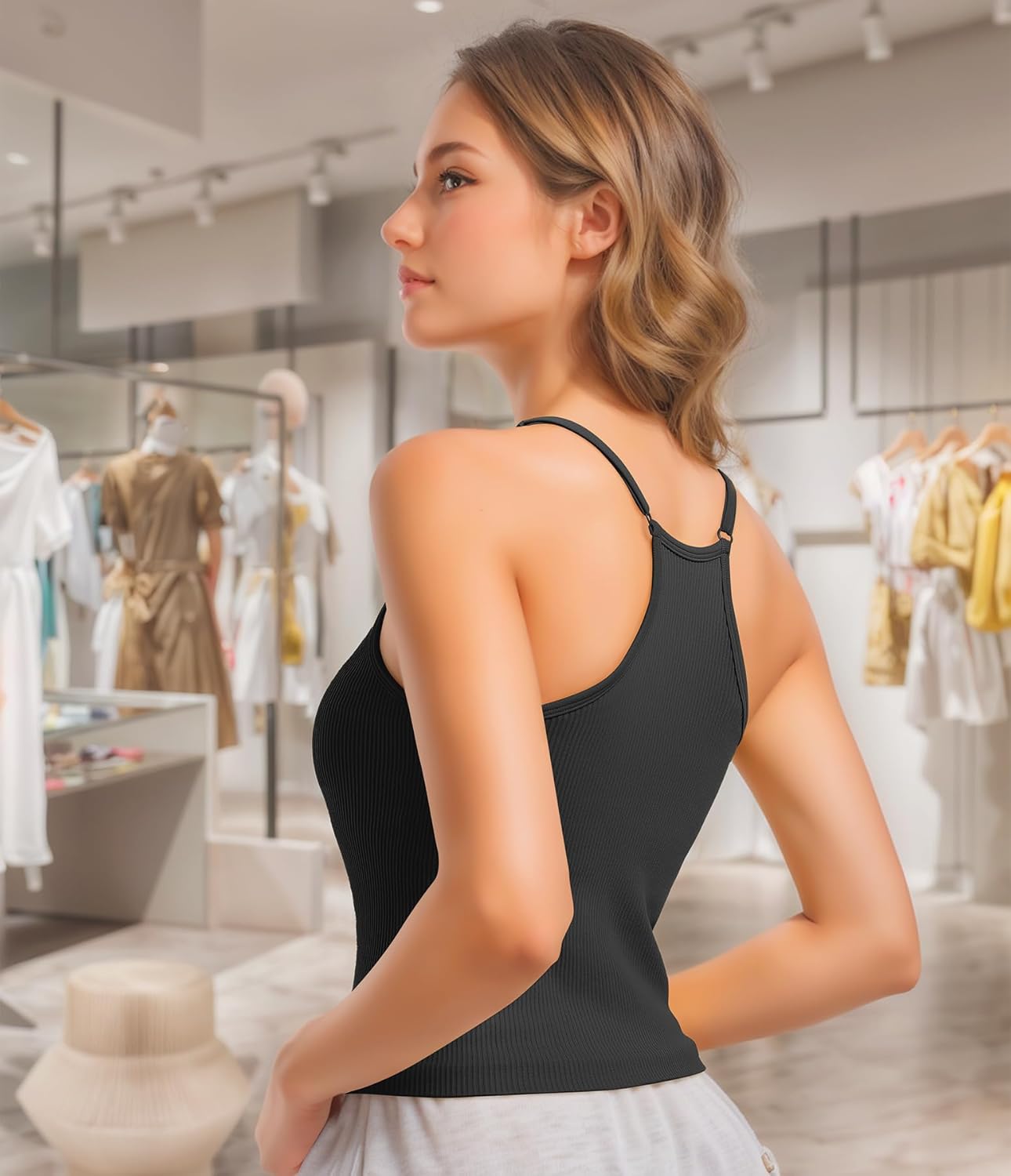 OVESPORT 2Pack Workout Tank Tops for Women with Built in Bras Seamless Adjustable Spaghetti Strap Sports Bra Yoga Casual Tops