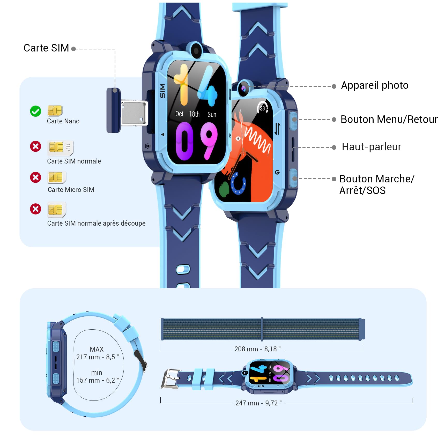 Blackview Montre Connectée Fille Garçon à 4G, GPS+LBS+WiFi, SOS, Caméra Frontale, Appels Vidéo, Podomètre, pour Filles et Garçon 5-16 Ans（Bleu）