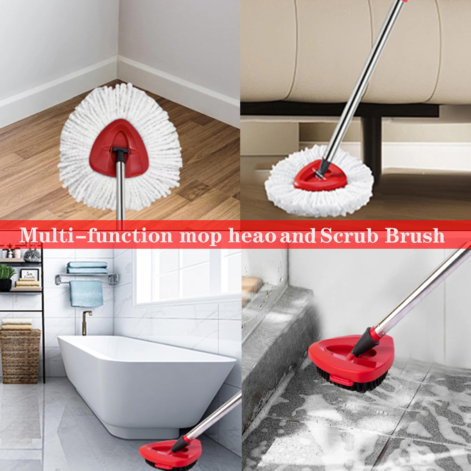 Cabezal de repuesto para fregona giratoria compatible con O Cedar EasyWring Spin Mop - 4 recambios de fregona O-Ceda, mango de fregona de 30-58 pulgadas, 1 base de fregona y 1 juego de cepillo para