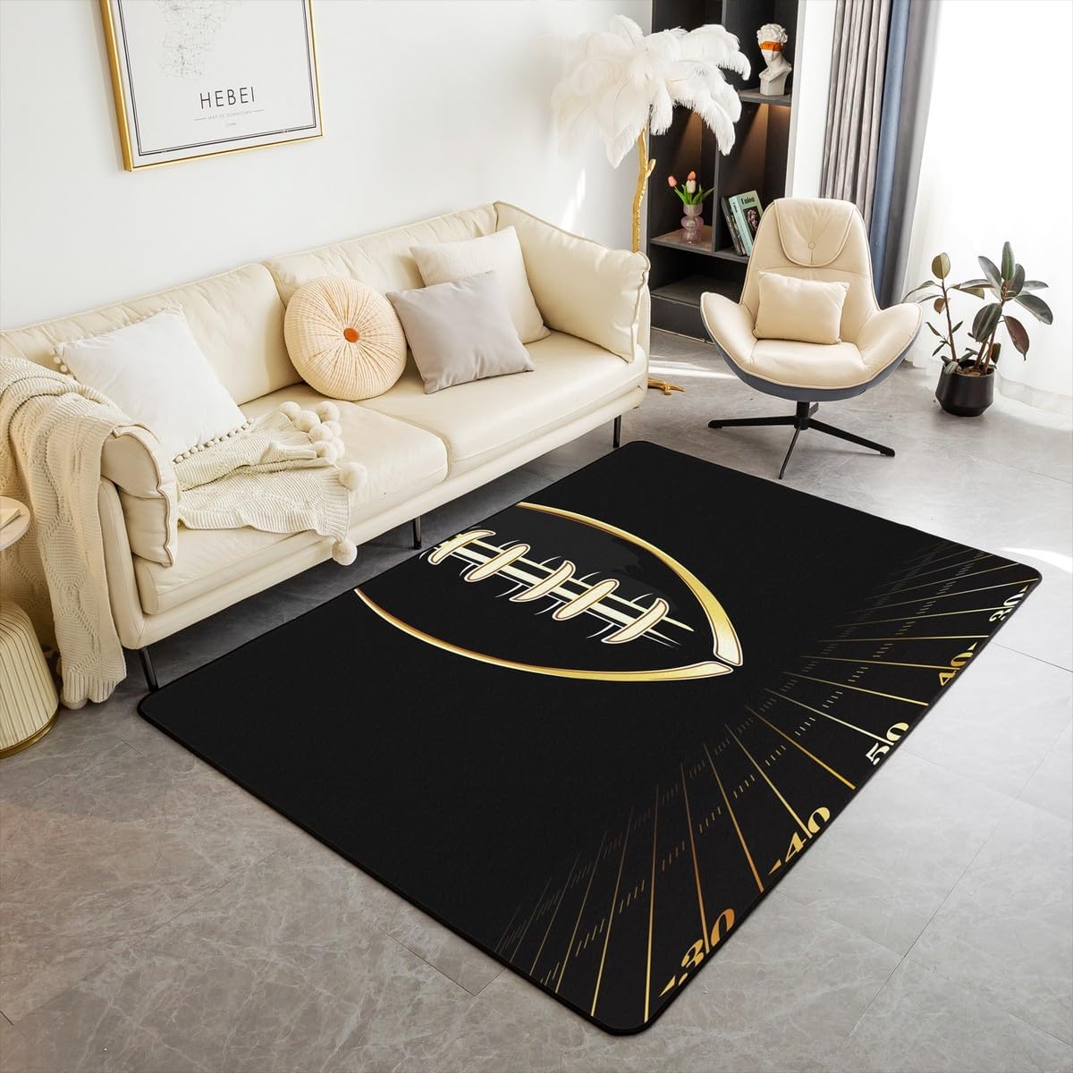 Kids Football Area Rug 4x5 American Football Sport Arena Rugs for Living Room Bedroom for Boys Girls Rugby Games Decorative Carpet Golden Black Floor Mat
