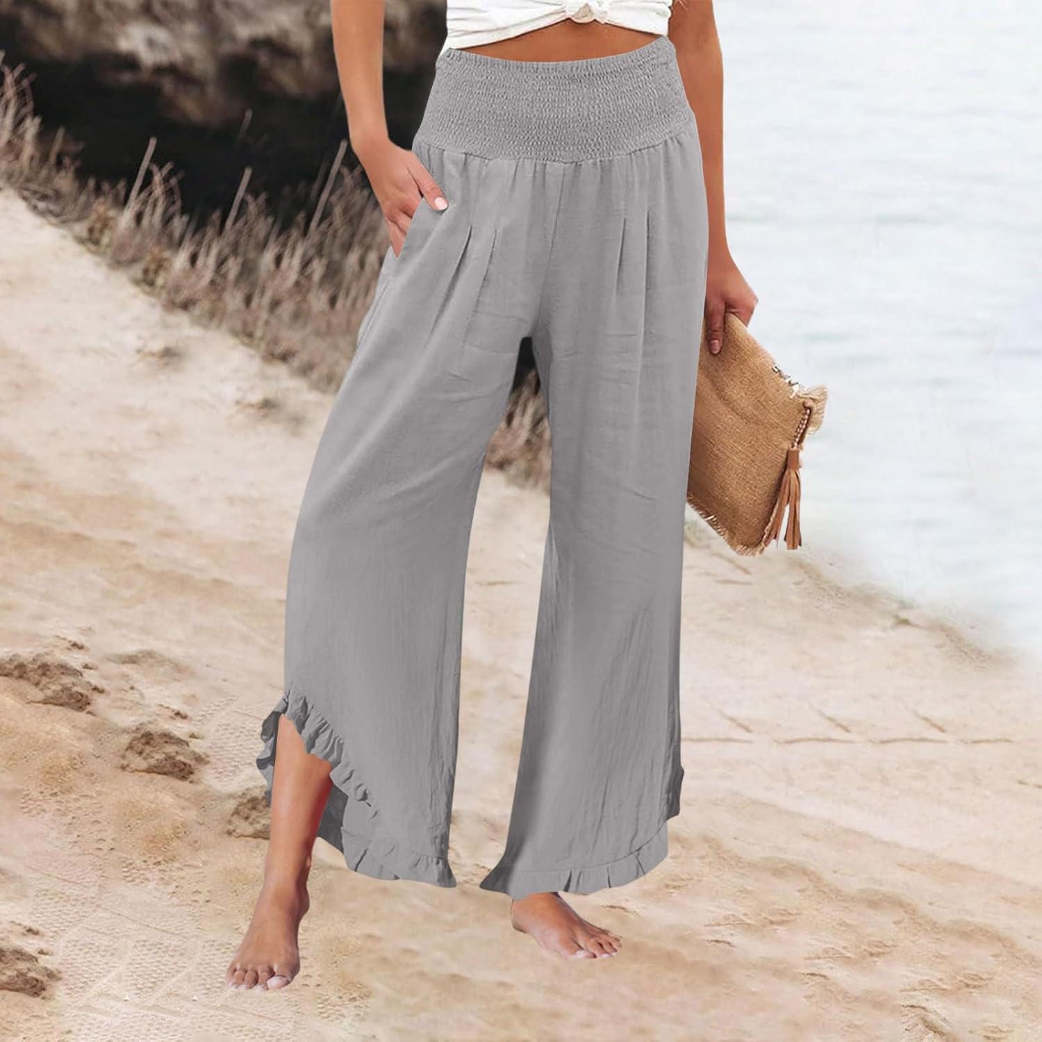 eoeioa Linen Pants Women Trendy Smocked Ruffled Hem Wide Leg Pants Casual Lightweight Summer Vacation Beach Trousers Pockets - Image 2