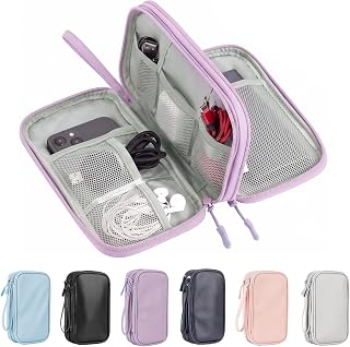 Arae PU Leather Cable Organizer Double Layer Travel Pouch, M Purple