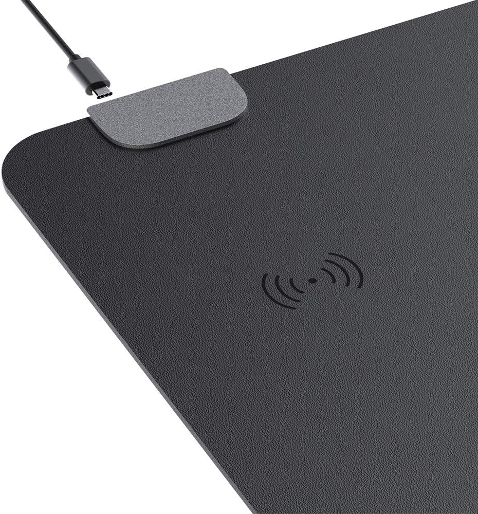 KINGFOM Multifunctional Office Desk Pad, Large Waterproof Pu Leather Mouse Pad, 2-in-1 Use Desk Writing Mat with Wireless Charging for Home/Office 35.4" x 16.7" (Black)