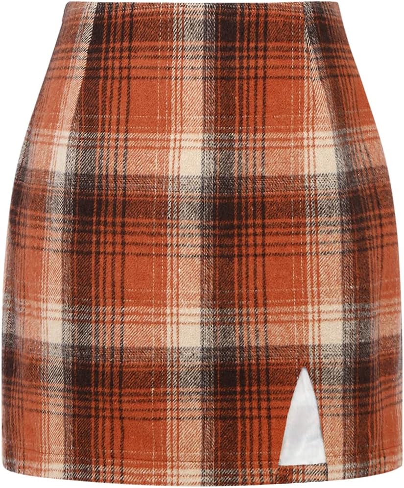 Plaid Mini Skirts for Womens High Waisted Fall Winter Wool Bodycon Pencil Skirts with Slit