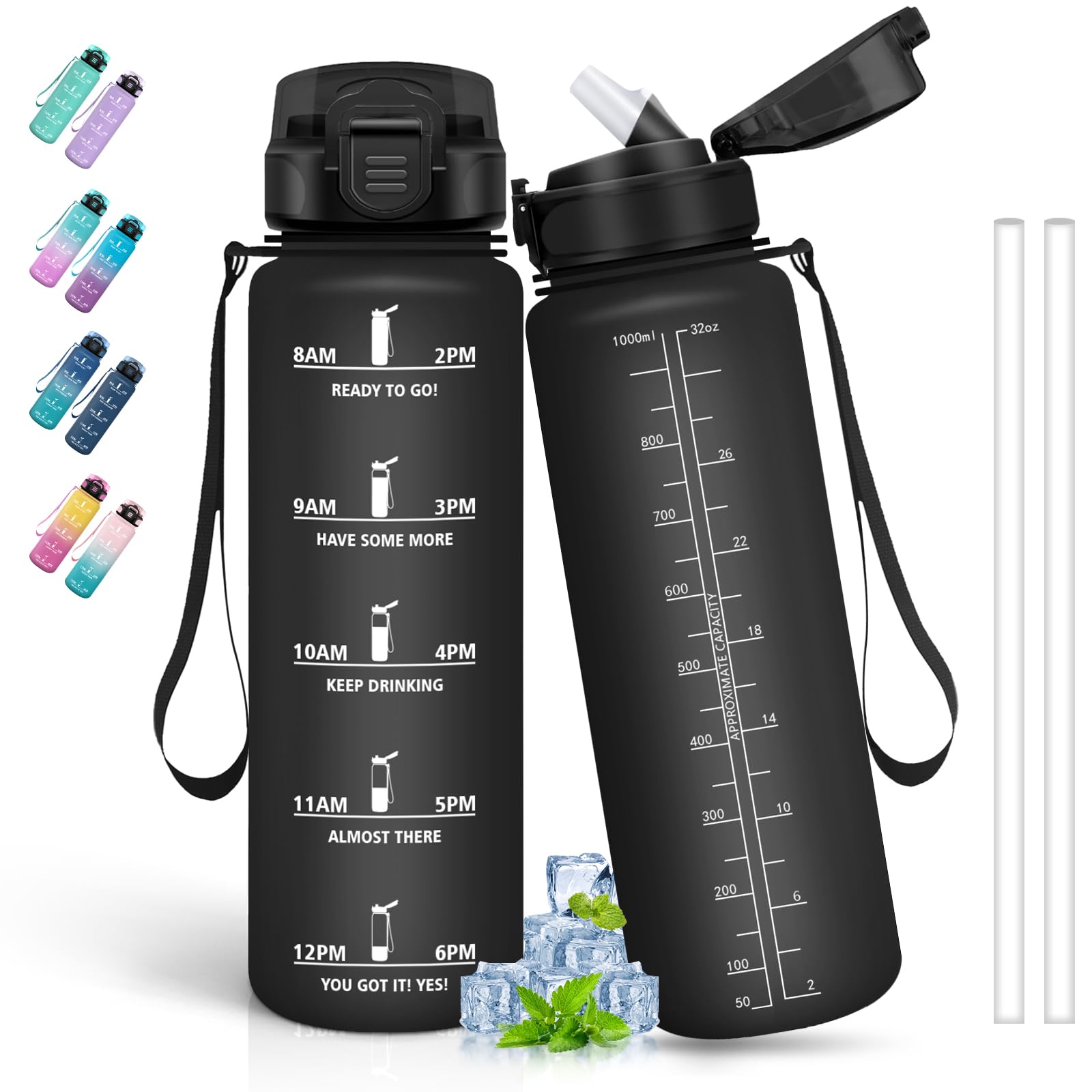 Borraccia Sportiva 1L Con Cannuccia, A Prova Di Perdite, Senza BPA, Con Scala E Indicatore Del Tempo, Per Palestra, Ciclismo, Escursioni, Lavabile In Lavastoviglie