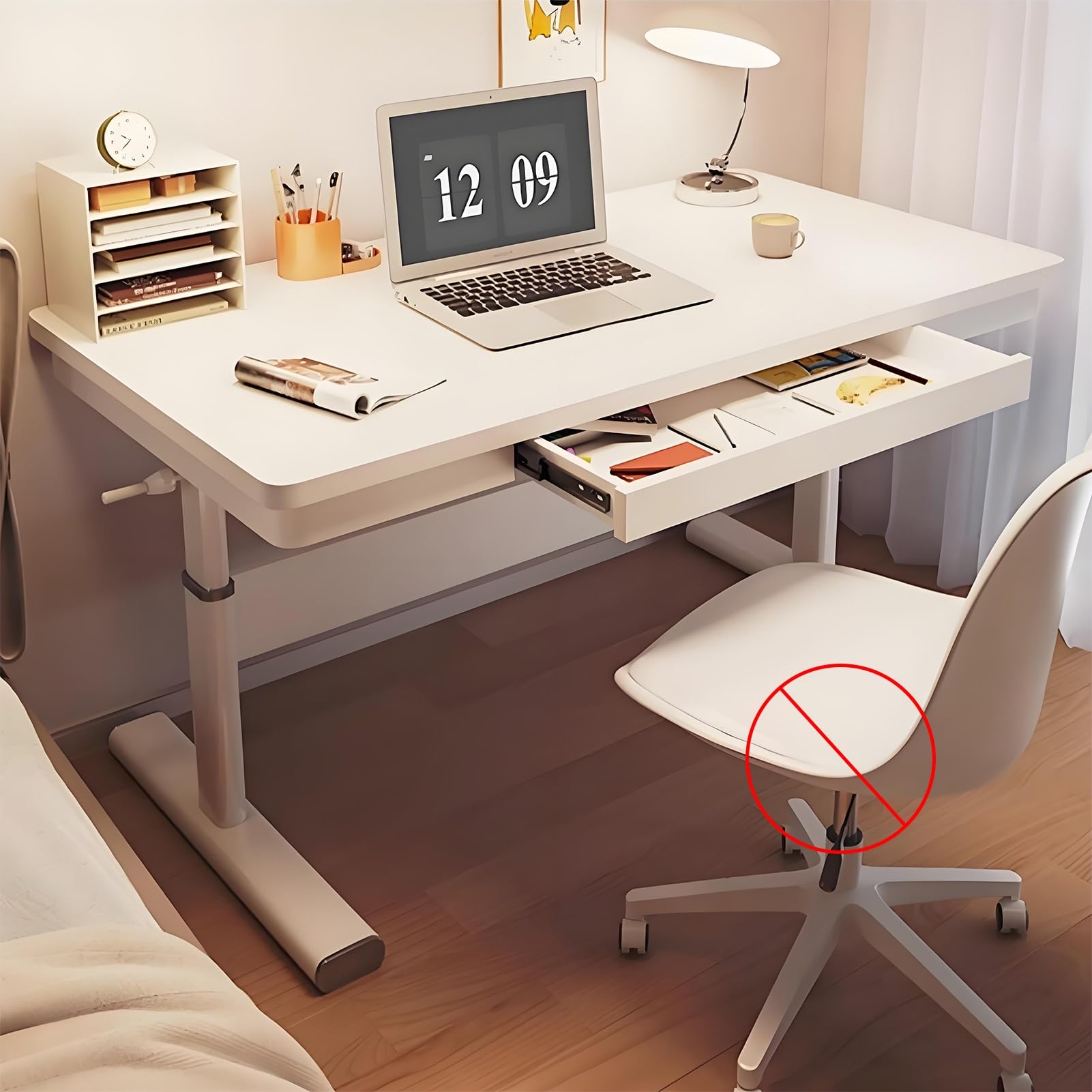 MYUYEE Standing Desk Adjustable Height, Sit Stand Up Desk With Hidden Drawer, Manual Office Desk, Computer Desk With Adjustable Foot Pads, Sturdy Steel Frame (White-140X60Cm)