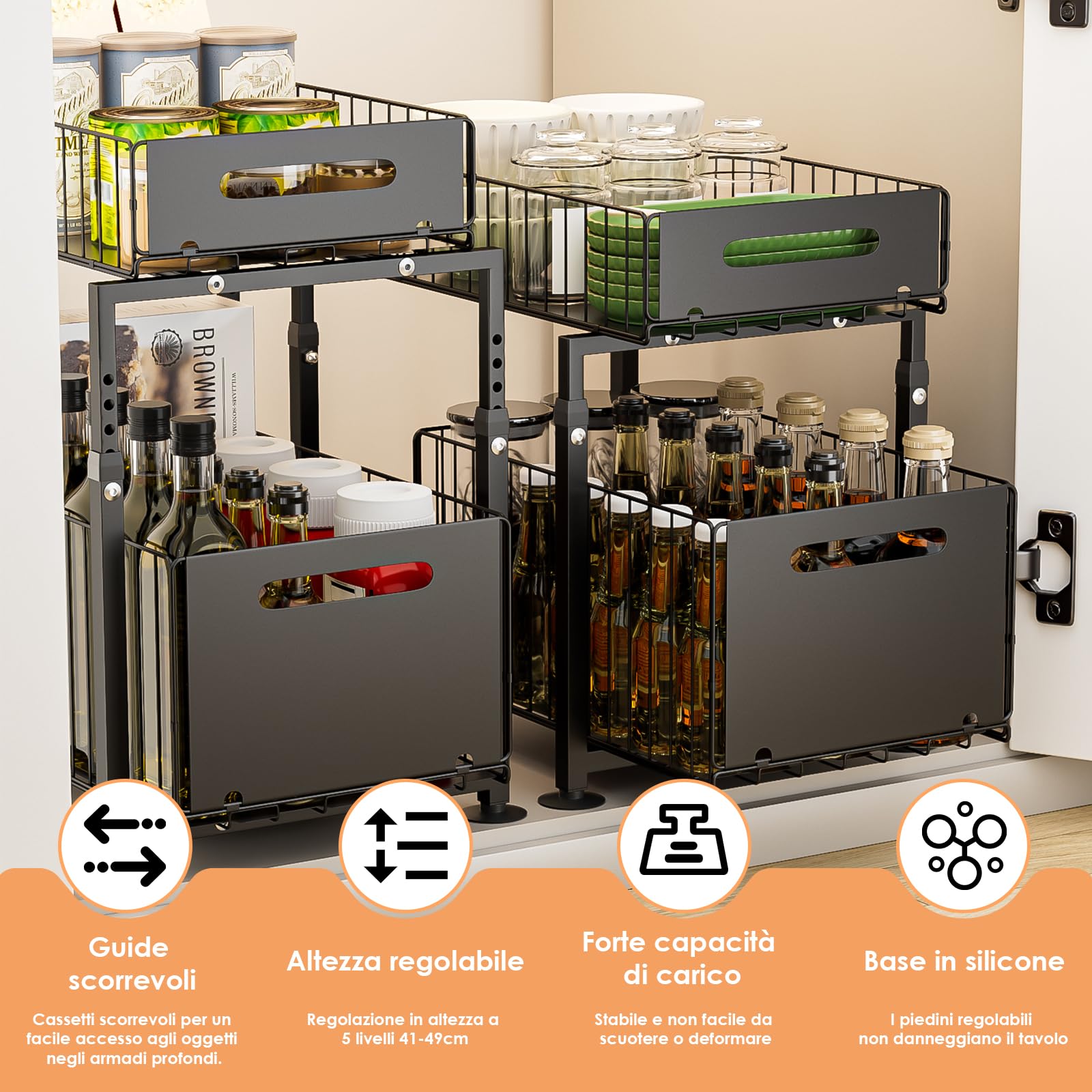 Dreamhigh Base Cabinet Organizer, Kitchen Cabinet with 2 Livelli, Kitchen Shelf, Worktop, Metal Undersink for Bathroom (Black)