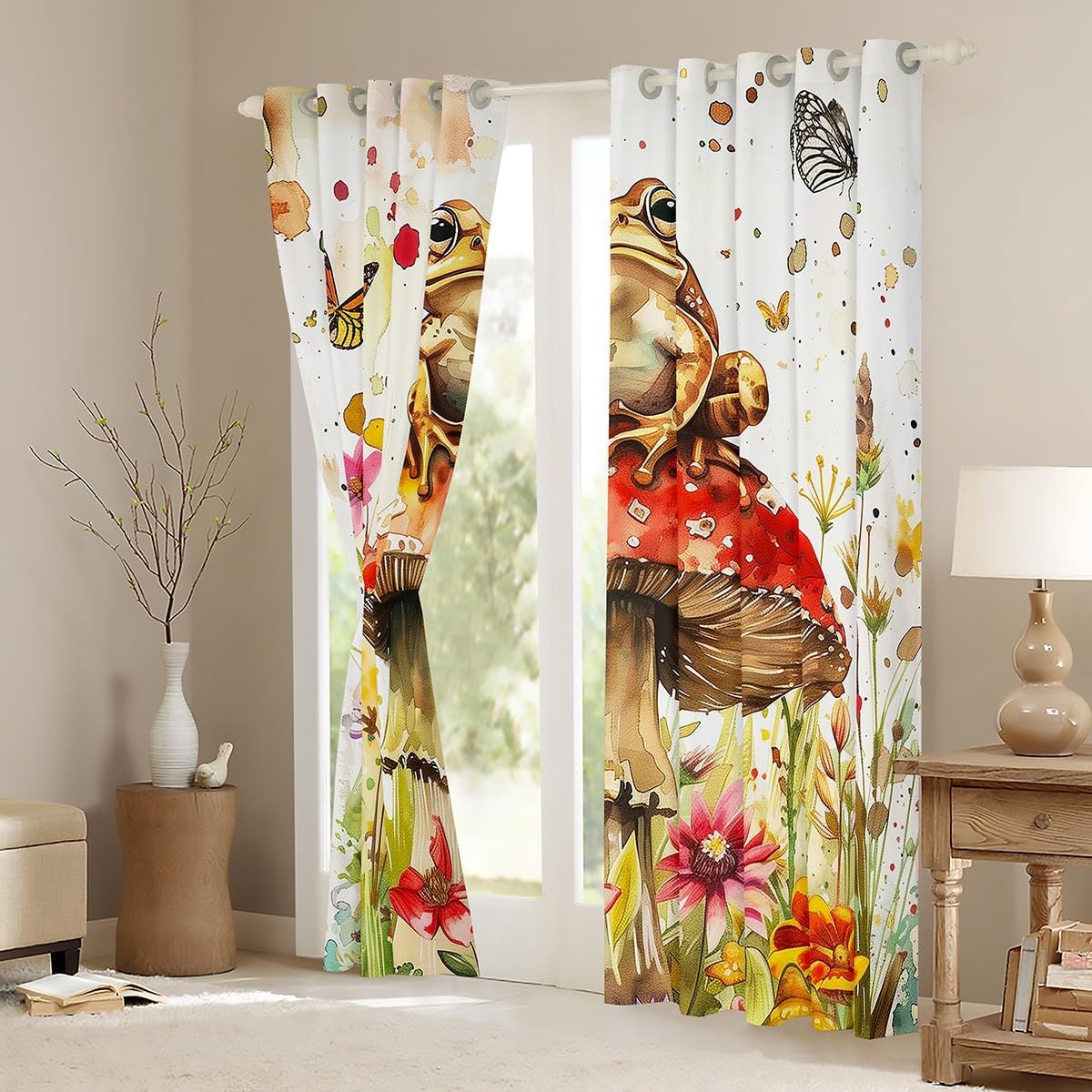 Erosebridal Boho Frog Curtains for Kids Hippie Mushroom Curtains & Drapes, Watercolor Animal Wildlife Blackout Curtains Garden Flower Floral Black Out Curtains, Chic Butterfly Window Treatments