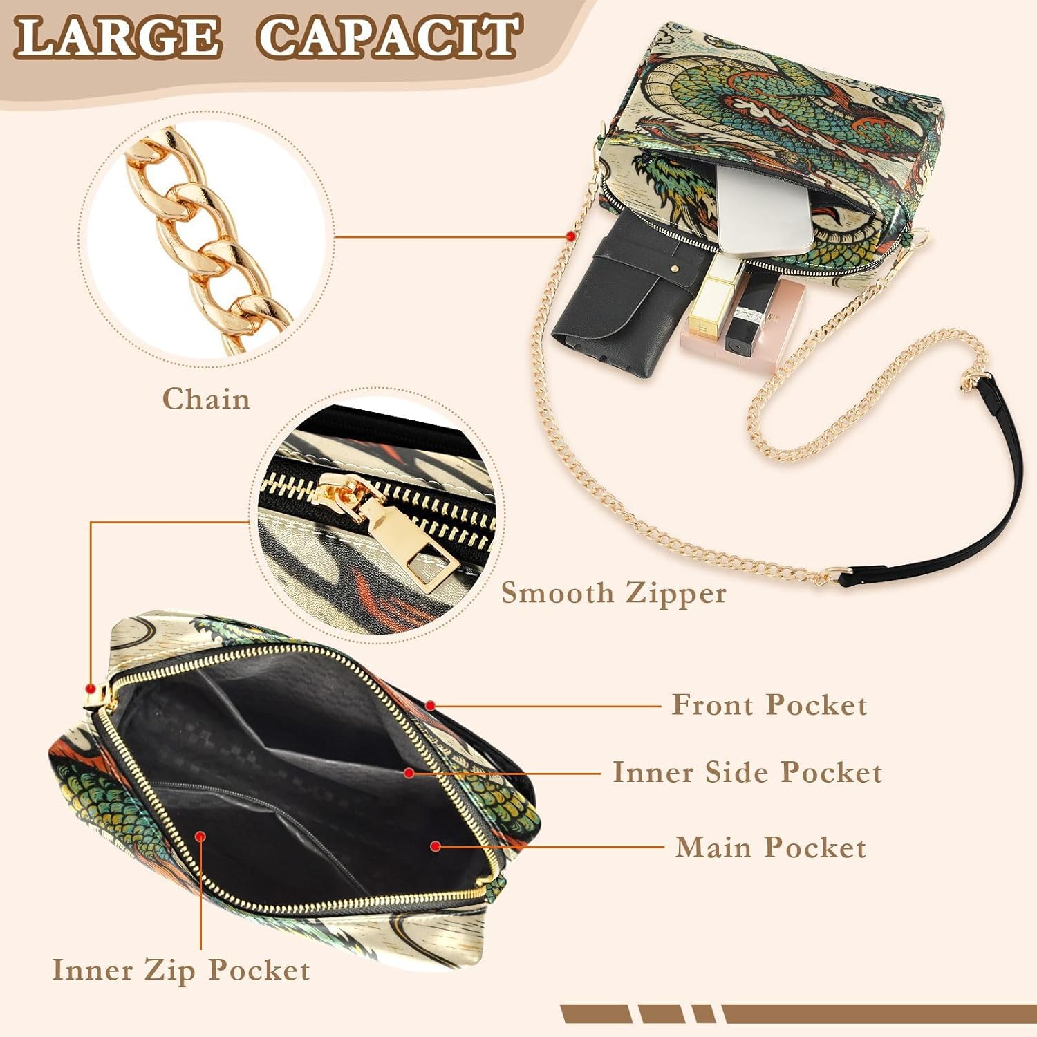Crossbody Bags For Women Vegan Leather Fashion Chinese Dragon Colorful Croos Body Purses Waterproof Handbag For Travel