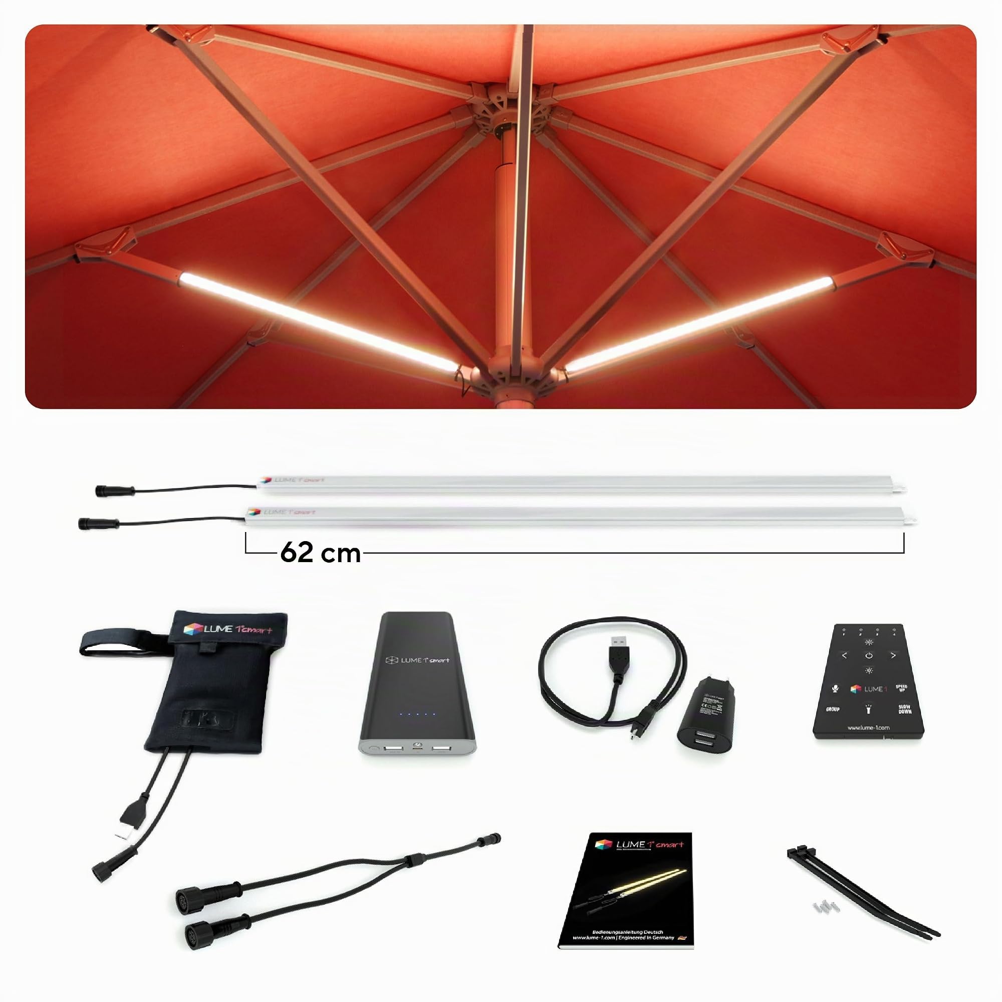 Lume1 Sonnenschirmbeleuchtung mit Fernbedienung, Sonnenschirmleuchter, Lampen für Garten, 2 LED warmweiß Leisten mit 1000 Lumen für angenehme Beleuchtung, Akku enthalten (Smart 2er)