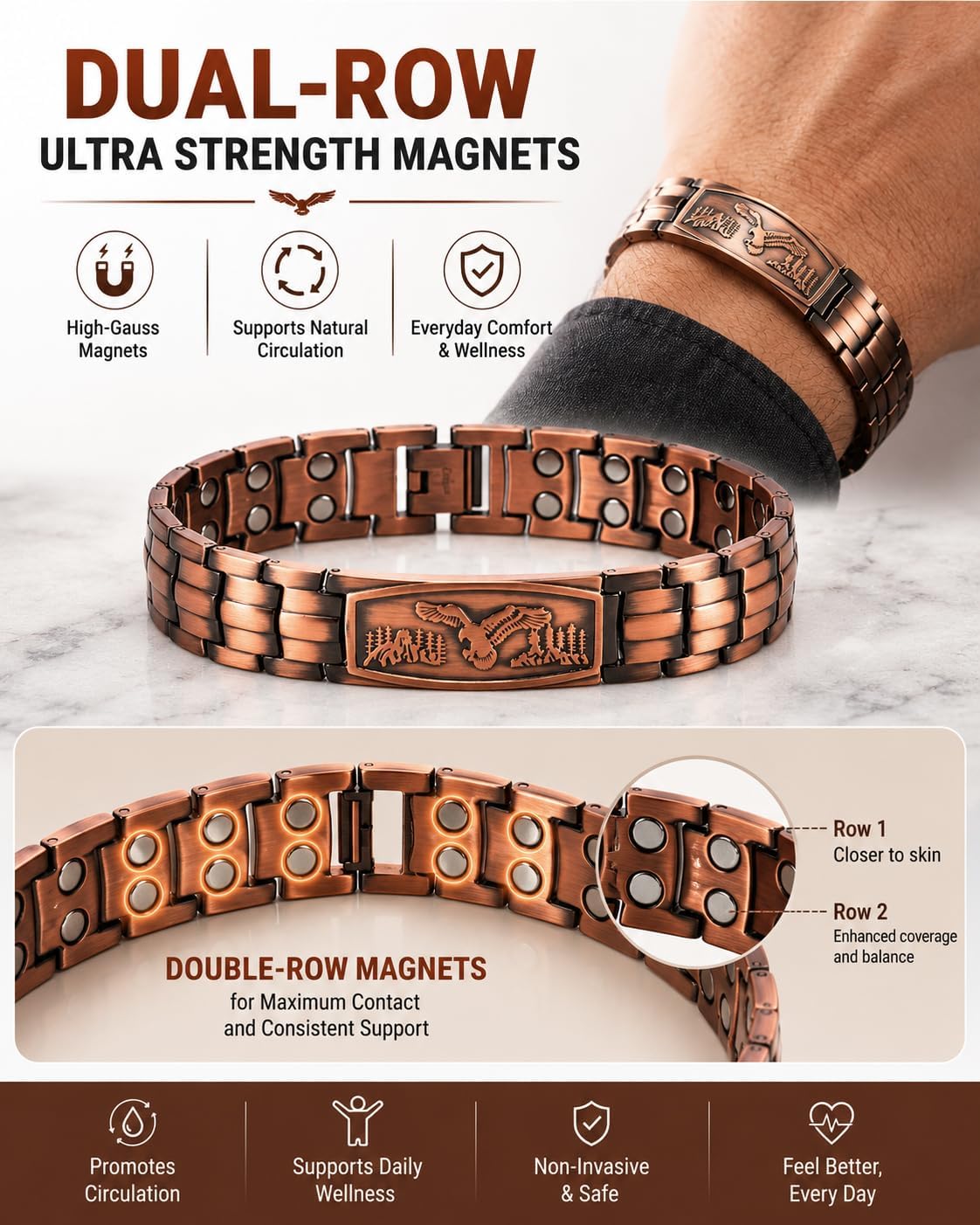 YYUAN Copper Bracelet for Men, 3X Strength Mens Magnetic Bracelets with 3800 Gauss Magnets, 99.99% Pure Copper Eagle Pattern Jewelry Box Gift with Sizing Tool