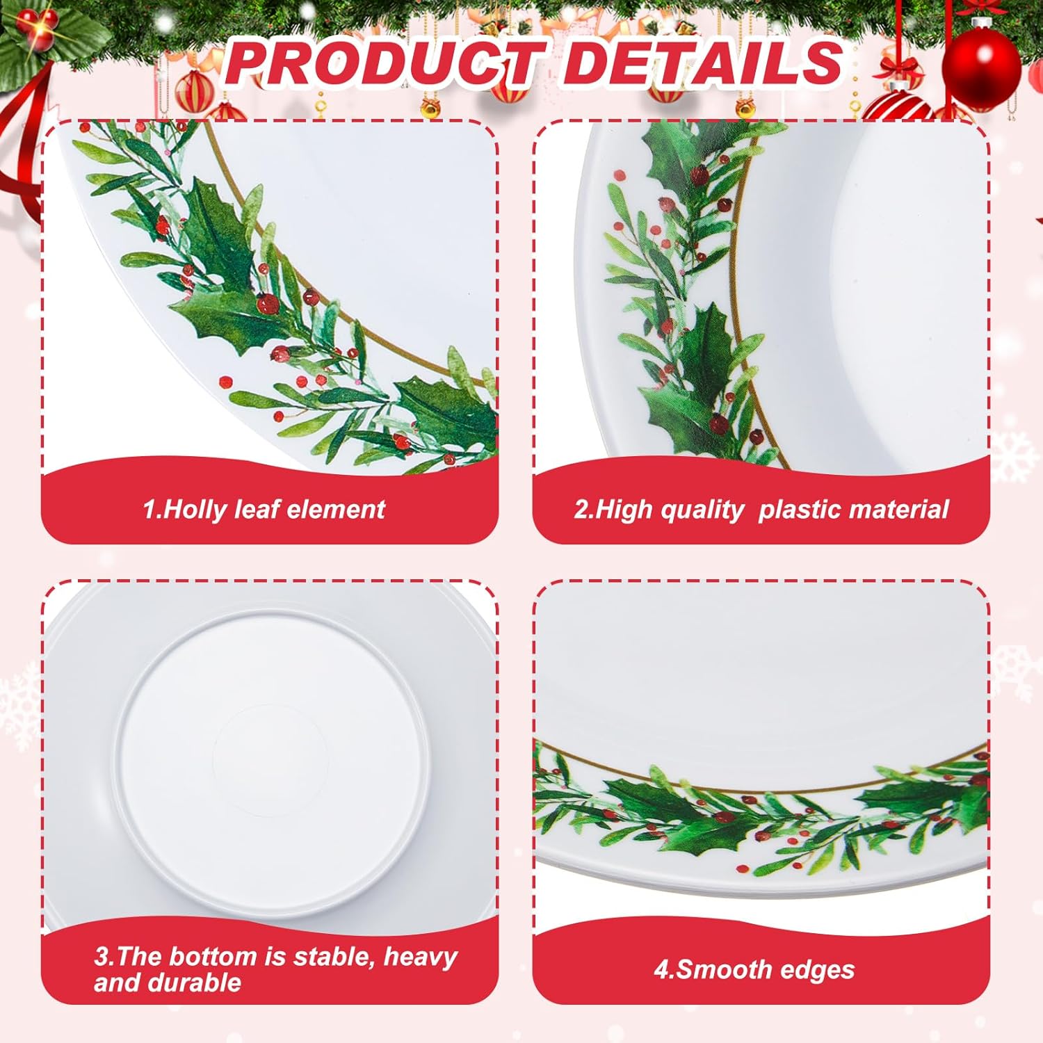 Layhit 10 Pcs Christmas Holly Melamine Dinner Plates - Holly Plates Holiday Dinnerware Party Dishes for Home Kitchen Picnic Party Event Supplies(8 Inch)