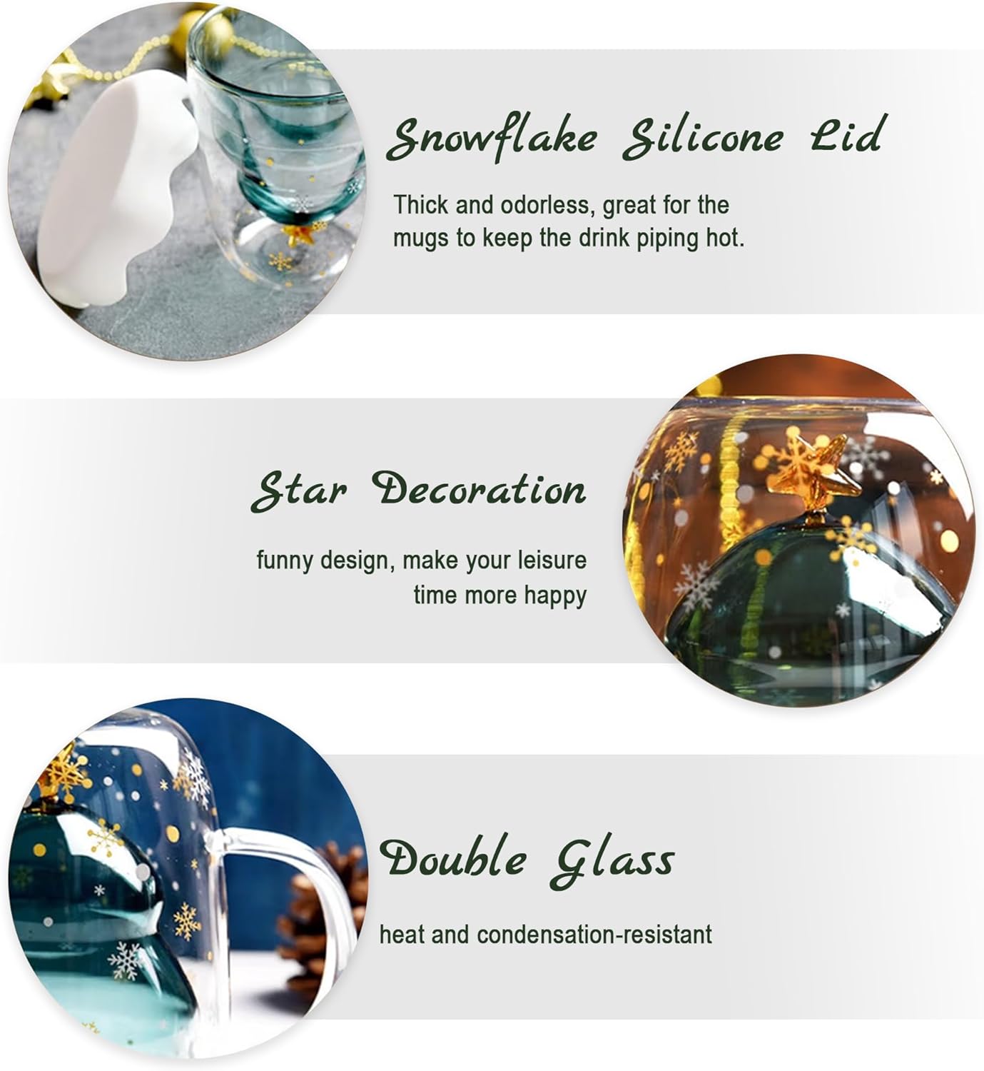 LIBWYS 2 Pack Christmas Mugs, Double Walled Borosilicate Christmas mug set with Snowflake Lid, Cute Mugs for Hot Cocoa and Coffee, 300ml Christmas tree mugs Christmas Gift for Family, Friend