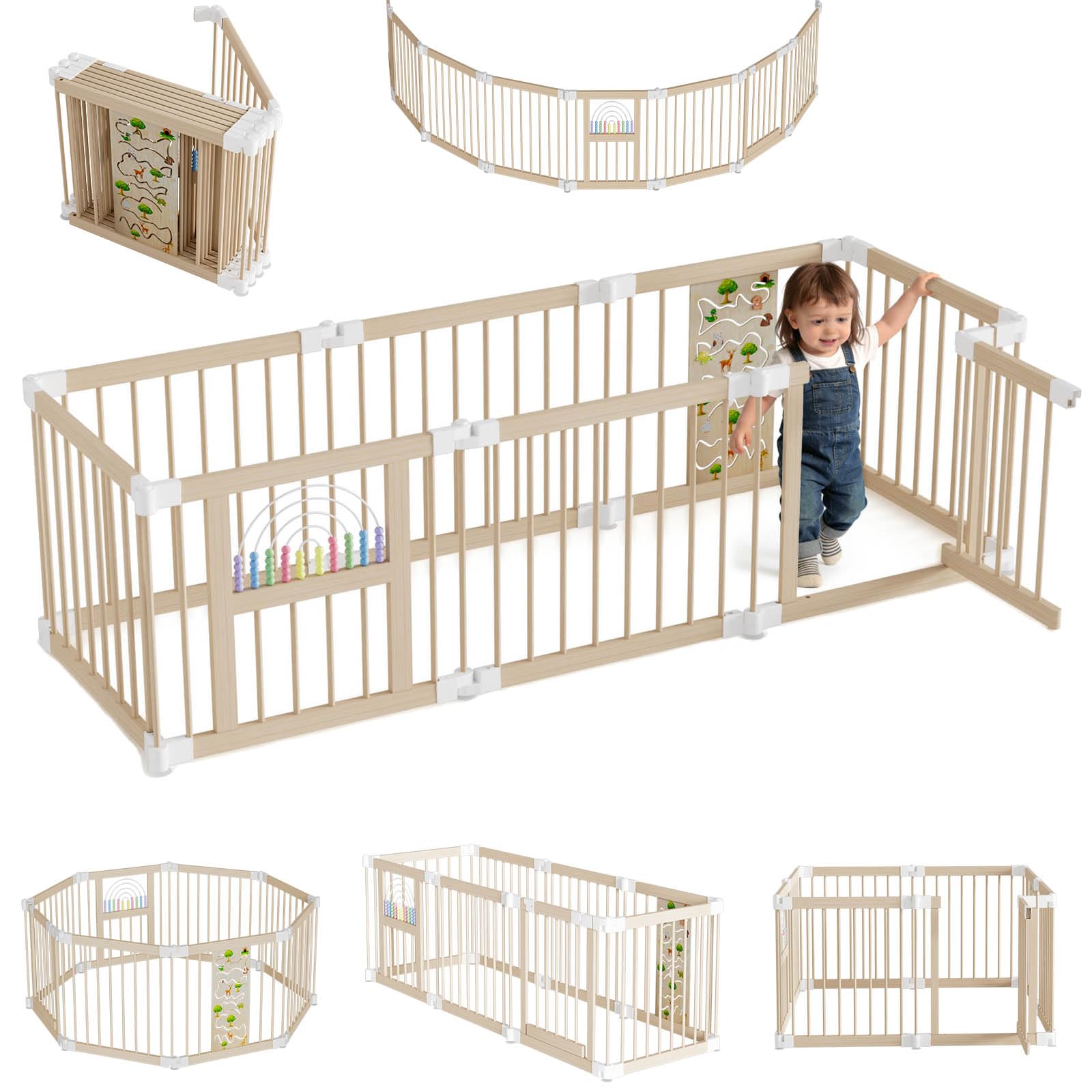 LZQ Parc en bois pour bébé - 8 éléments - Avec porte et tableau de jeu - Pliable - Barrière de sécurité - Grille de protection pour bébé