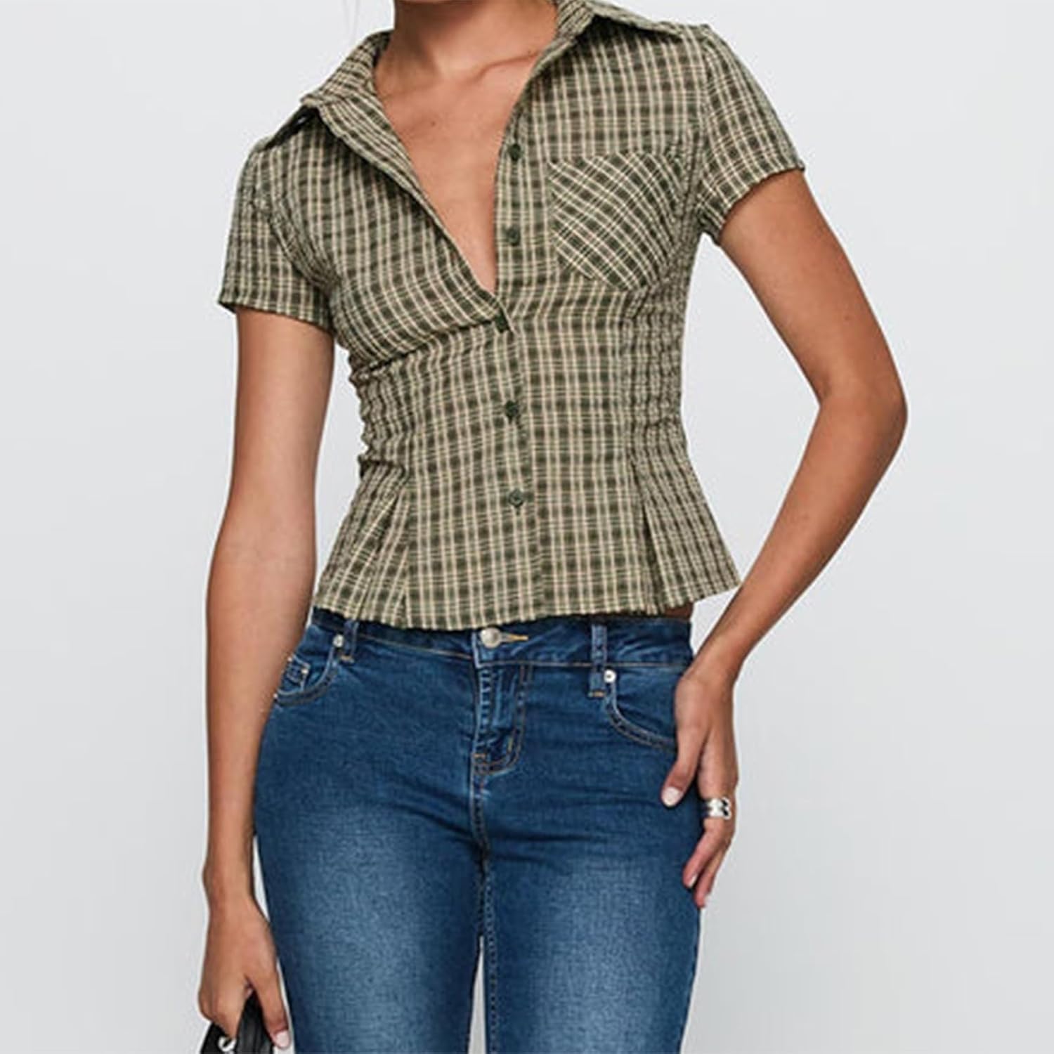 Women Y2K Plaid Button Down Shirt Coquette Short Sleeve V Neck Slim Fit Crop Top Vintage Coquette Blouses - Image 2