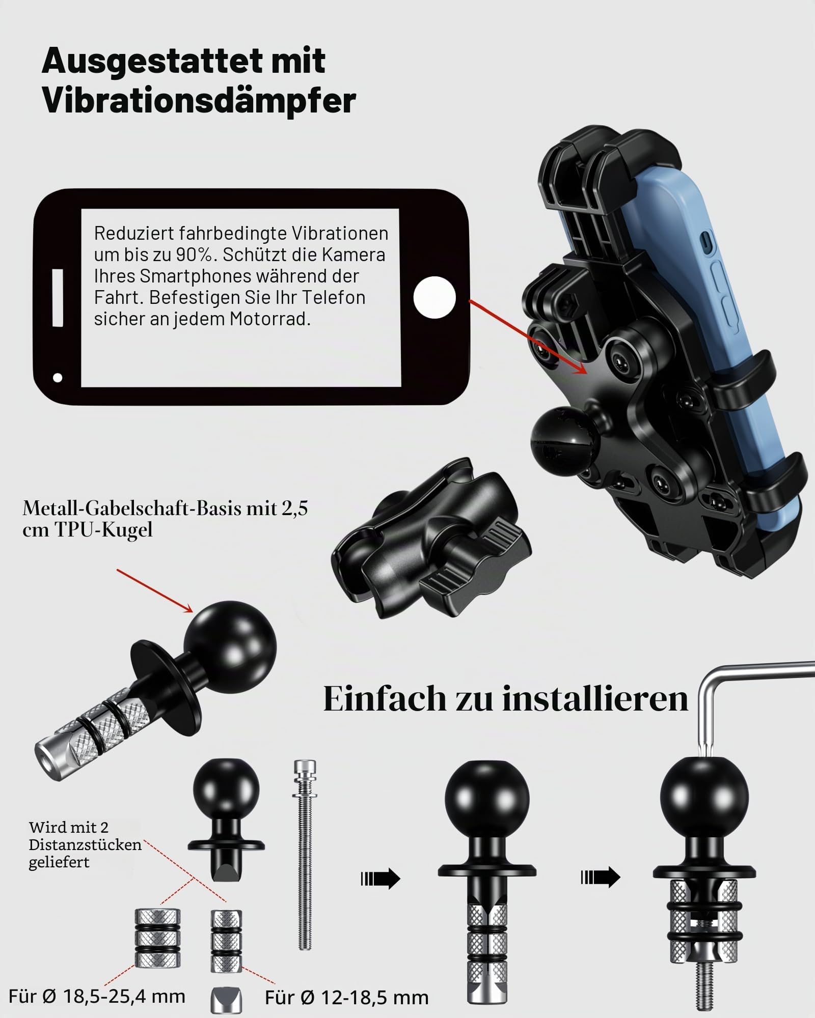 BRCOVAN Motorrad Gabelvorbau Handyhalterung mit Vibrationsdämpfer, Verstellbar Motorrad Handyhalter, Anti-Shake, für 5,4 Zoll - 7,2 Zoll Smartphones