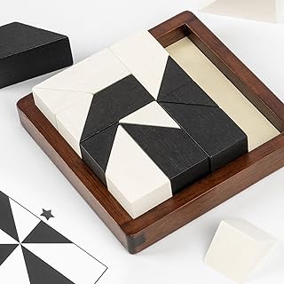 Wooden Hidden Blocks Puzzle Game - 80 Brain Challenges with Solid Wood Box & Deluxe Black and White Pieces, 3D Logik & Spatial Thinking Tabletop Toy, Perfect for Family Fun & Creative Gifts