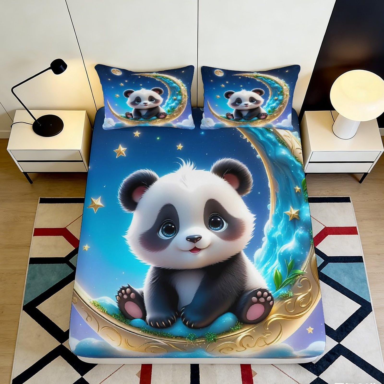 3D Printed Cute Panda Moon Fitted Sheet Microfiber Soft Durable Starry Night Bed Cover for Bedroom Dormitory Guest Room Mattress Protection 180x200x25cm