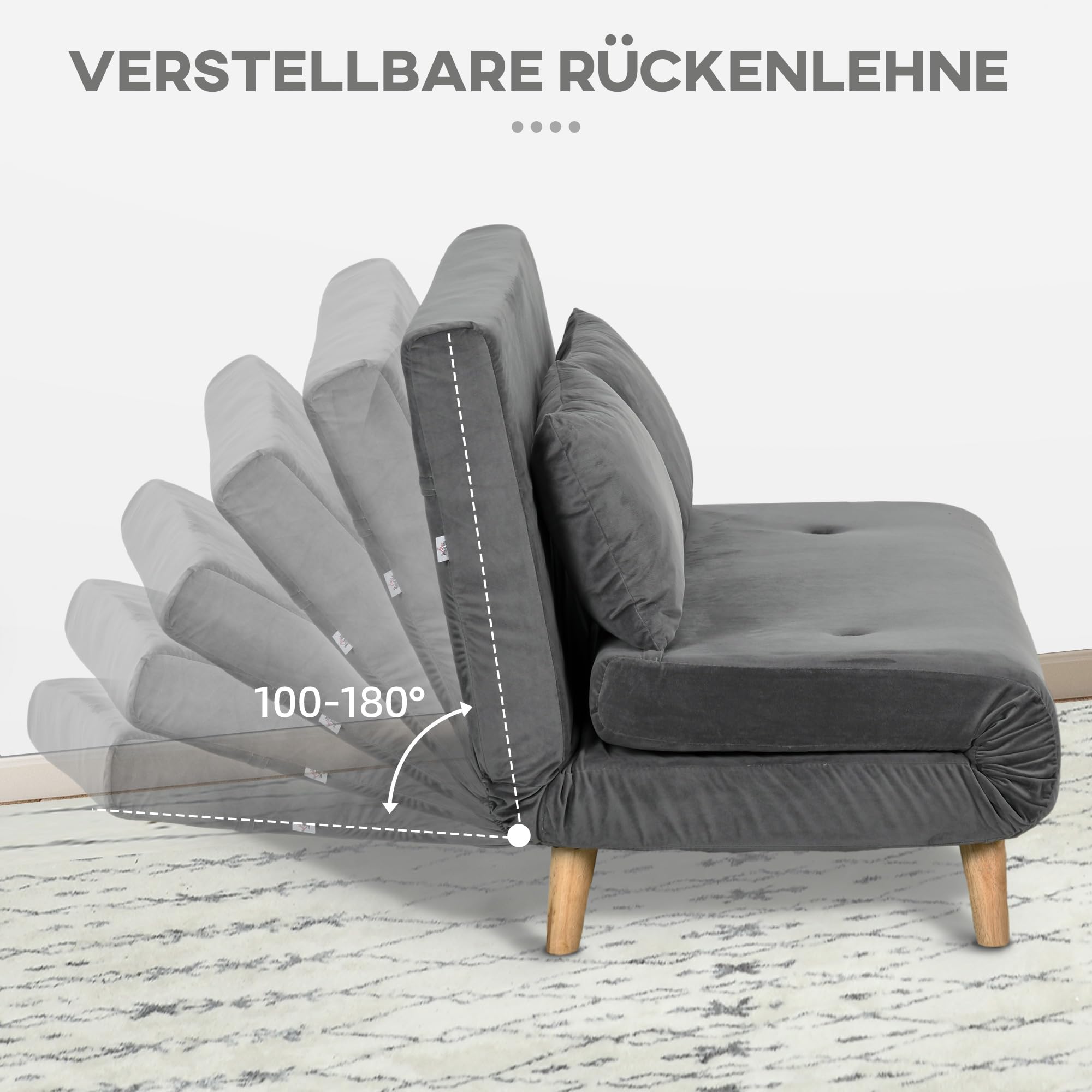HOMCOM Sofa do spania 2-osobowa z funkcją łóżka, składana sofa z regulowanym oparciem, poduszka, sofa do spania o aksamitnym wyglądzie do salonu, szara, 130 x 78 x 79 cm