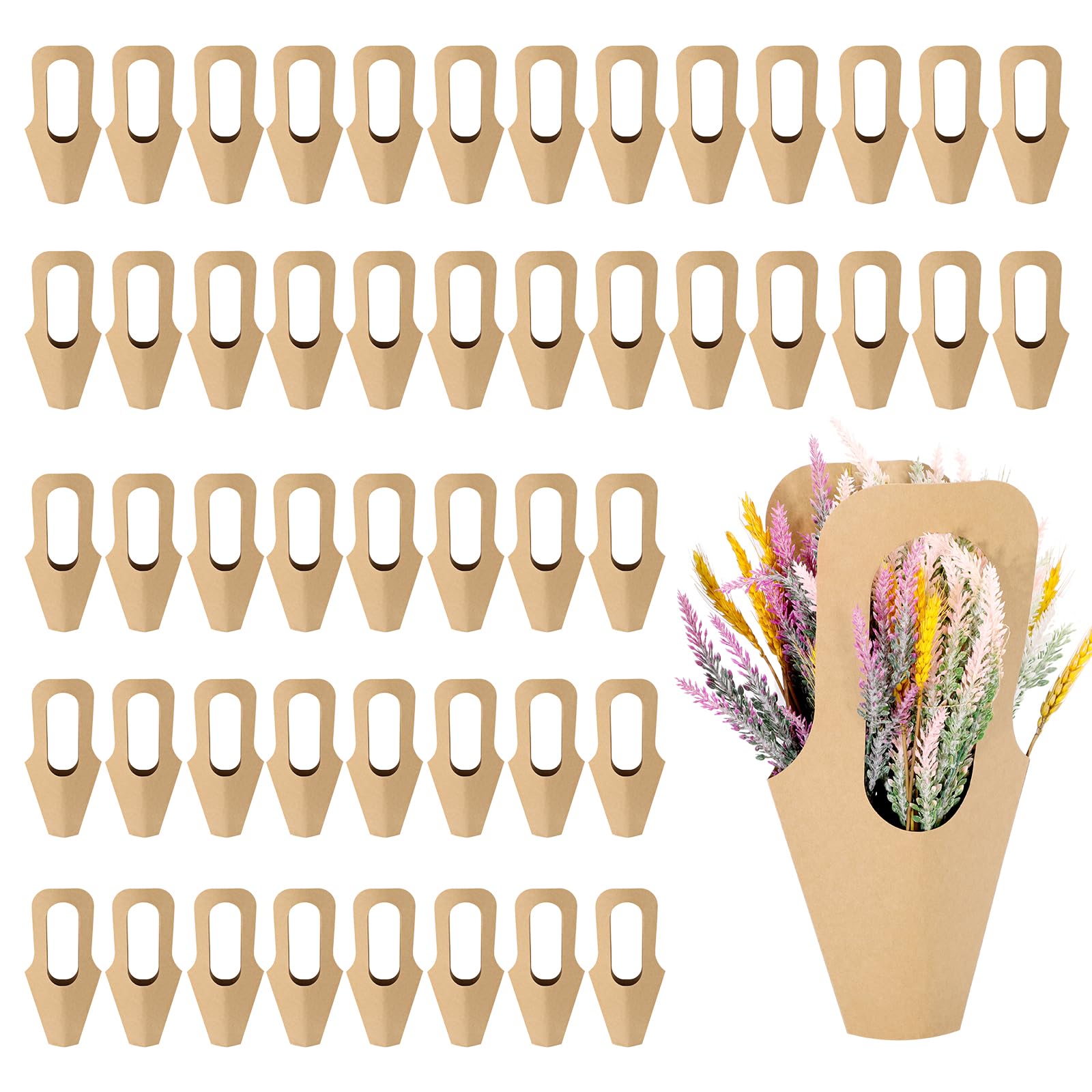 Ubamdom 50 Pack Kraft Paper Flower Bags - Hanging Bouquet Holders, Brown Wrapping Paper, Perfect for Flower Shops, Homes, Parties (14 Inches)