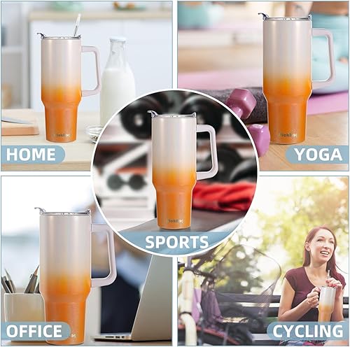 Miniatura 7 de Vaso de 40 onzas con asa y tapa con pajilla, de acero inoxidable, reutilizable, aislado, para viaje, botella de agua térmica 100% a prueba de fugas,
