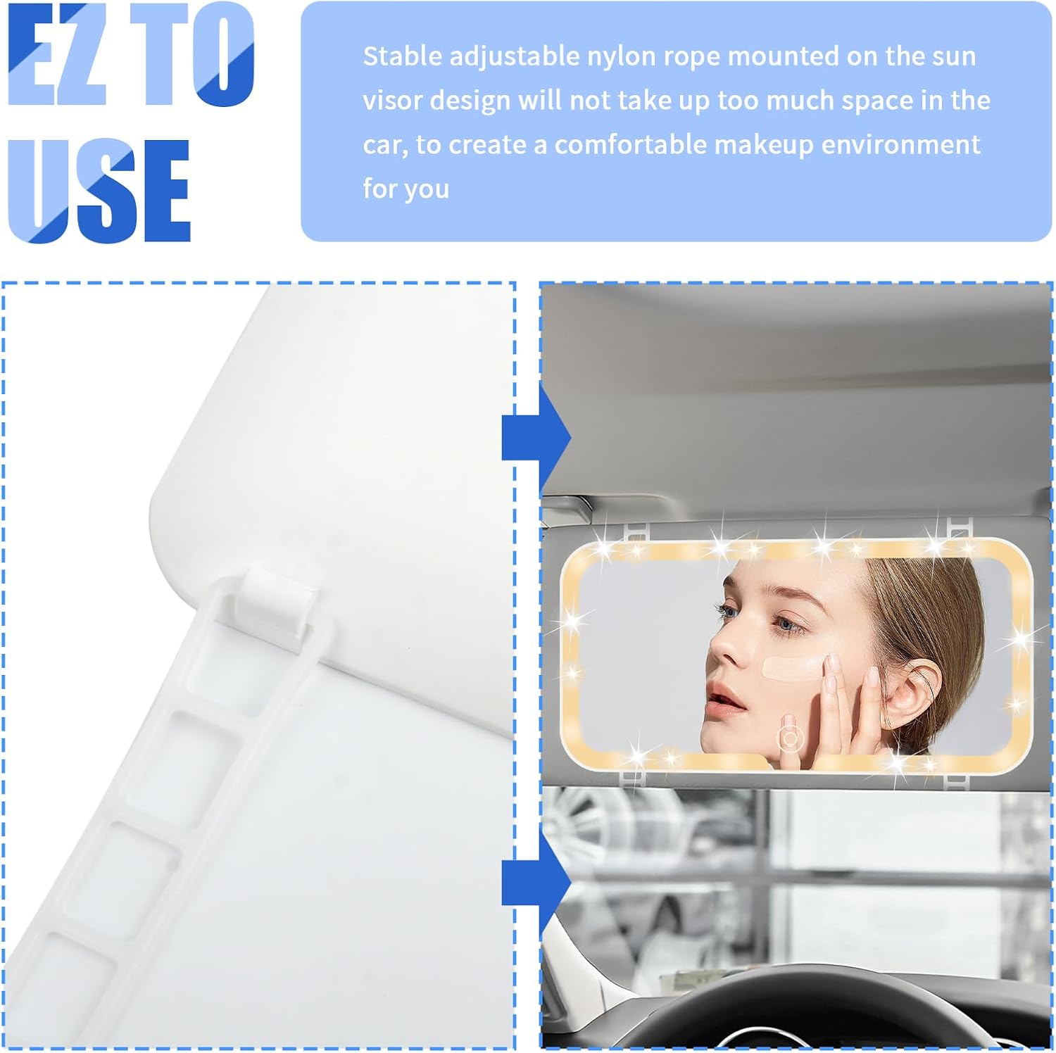 3-Color Large LED Car Vanity Mirror,Touchable & Rechargeable Visor Mirror with Light & 70 LEDs,Universal Portable Car Makeup Mirrors as Birthday Gifts for Women/Girl