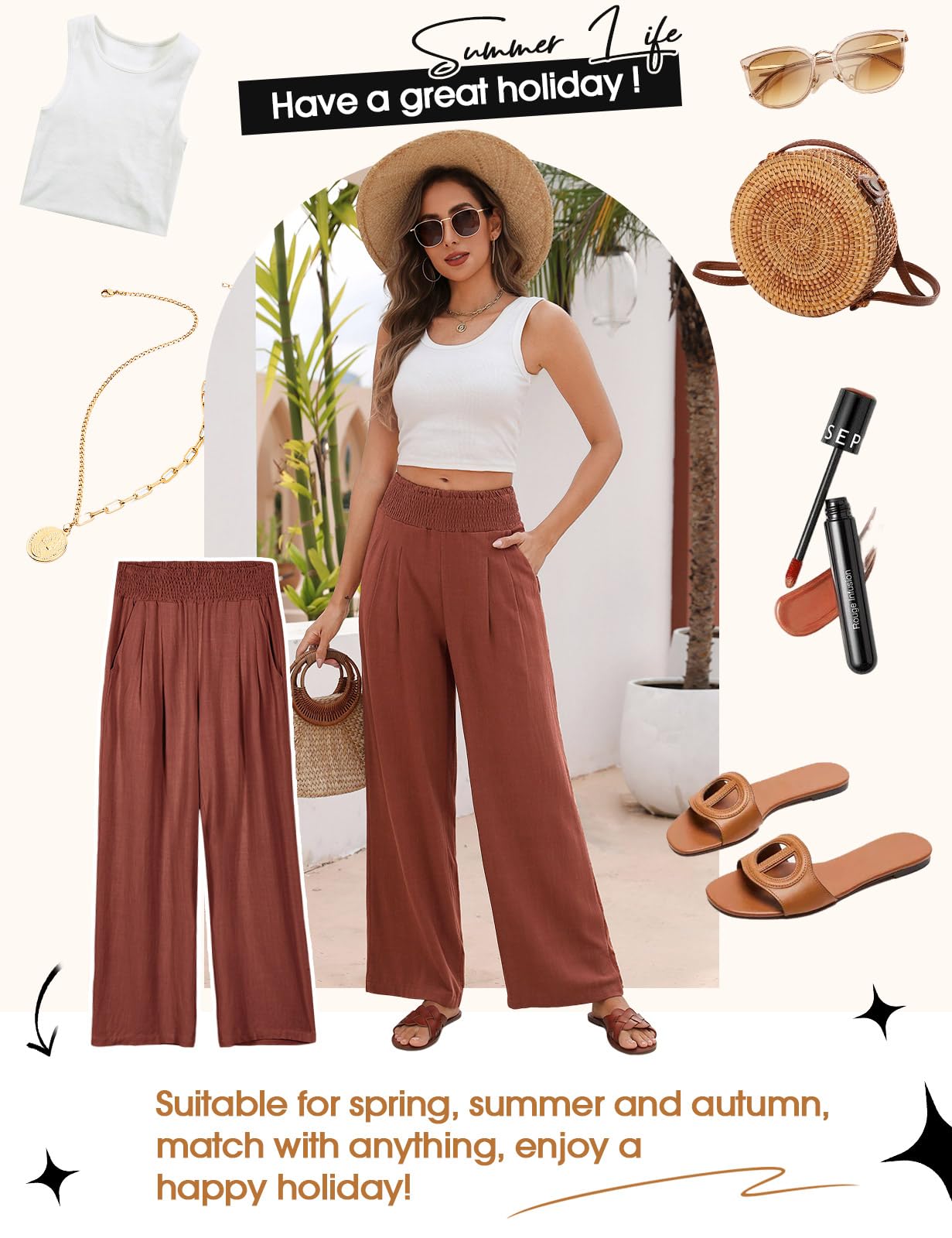 Pantalon Femme Été Lin Pantalons Taille Haute Elastique Ample Pantacourt Coton Grande Longueur Palazzo Pants Jambe Large Fluide Droit Décontractée avec Poches