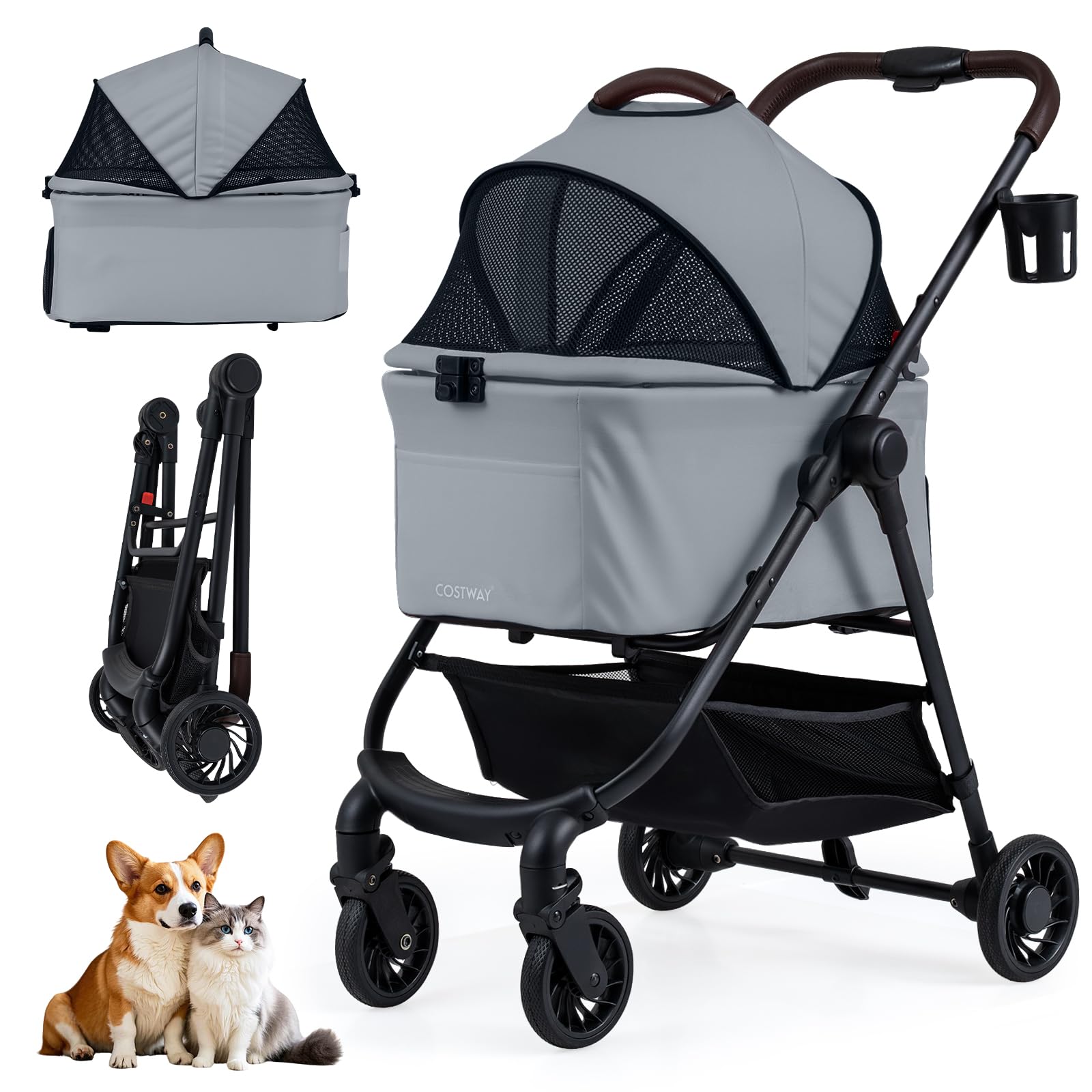 COSTWAY 3 in 1 Hundewagen, Hundebuggy mit verstellbarem Netzdach & Korb & Getränkehalter, Haustiere Buggy bis 15 kg, Hundebox Transporttasche klappbar, für Hunde Katzen Haustiere, Metall (Grau)