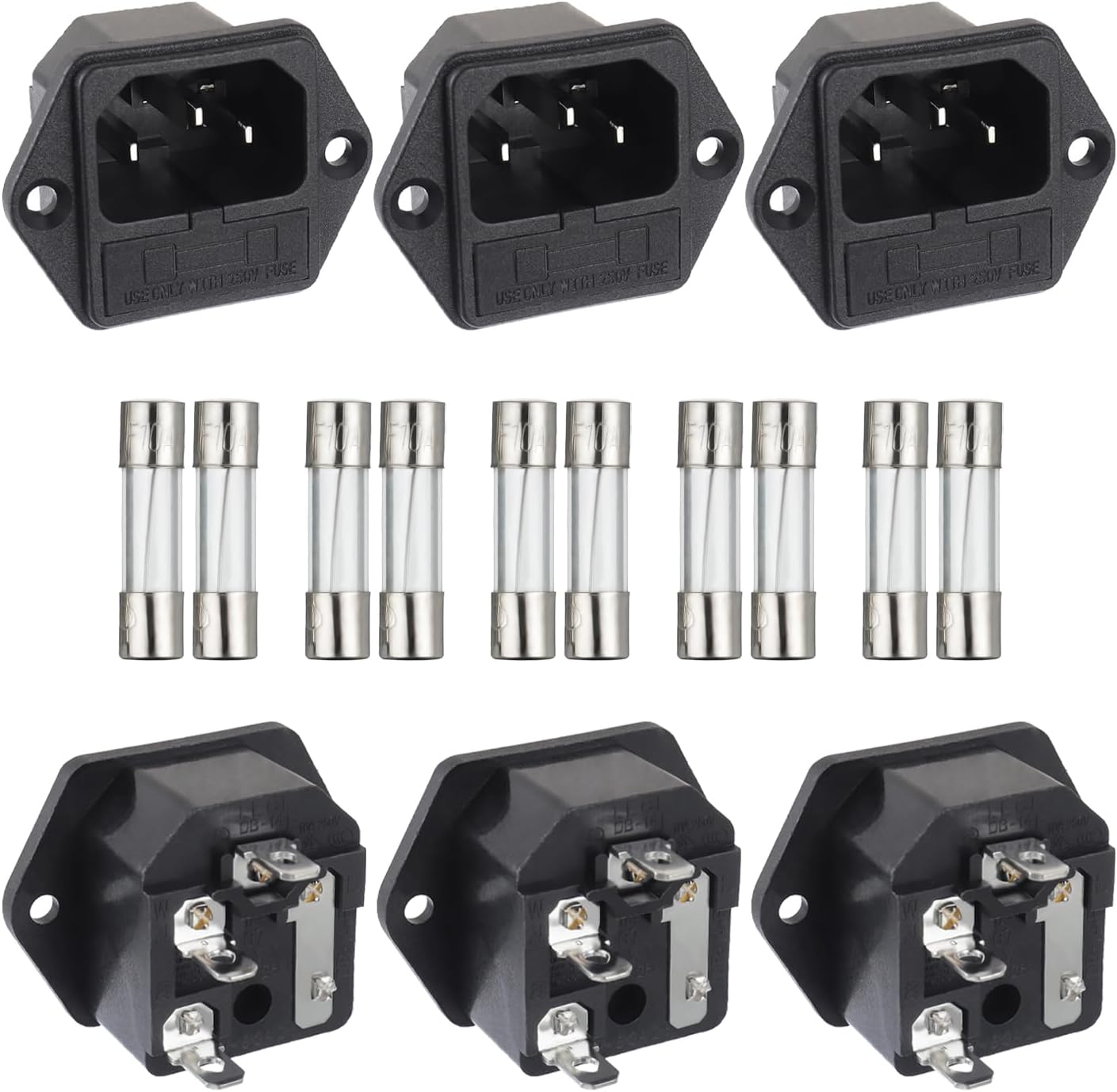 AC 250V 10A 2 in 1 Mount Inlet Module Plug Socket Power Entry Connector Male Blades with 10A Fuse(Pack of 6pcs)