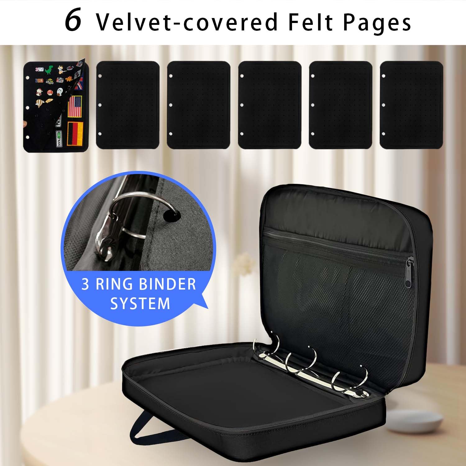 Mi Ya Mi Lai Raccoglitore a 3 anelli, formato XL, per collezionisti, con pagine in feltro su entrambi i lati, contiene oltre 300 spilli e 50 patch, organizer staccabile (nero)