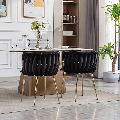 Miniatura 9 de Homtique Juego de 2 sillas de comedor modernas de terciopelo tejido con patas de metal dorado, sillón tapizado de lujo para cocina, tocador, sala de