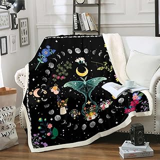Erosebridal Hippie Moth Sherpa Blanket Girls Flower Blanket for Kids Teen, Psychedelic Galaxy Throw Blanket for Chair Twin Size Colorful Floral Fleece Blanket, Moon Stars Plush Blanket Black