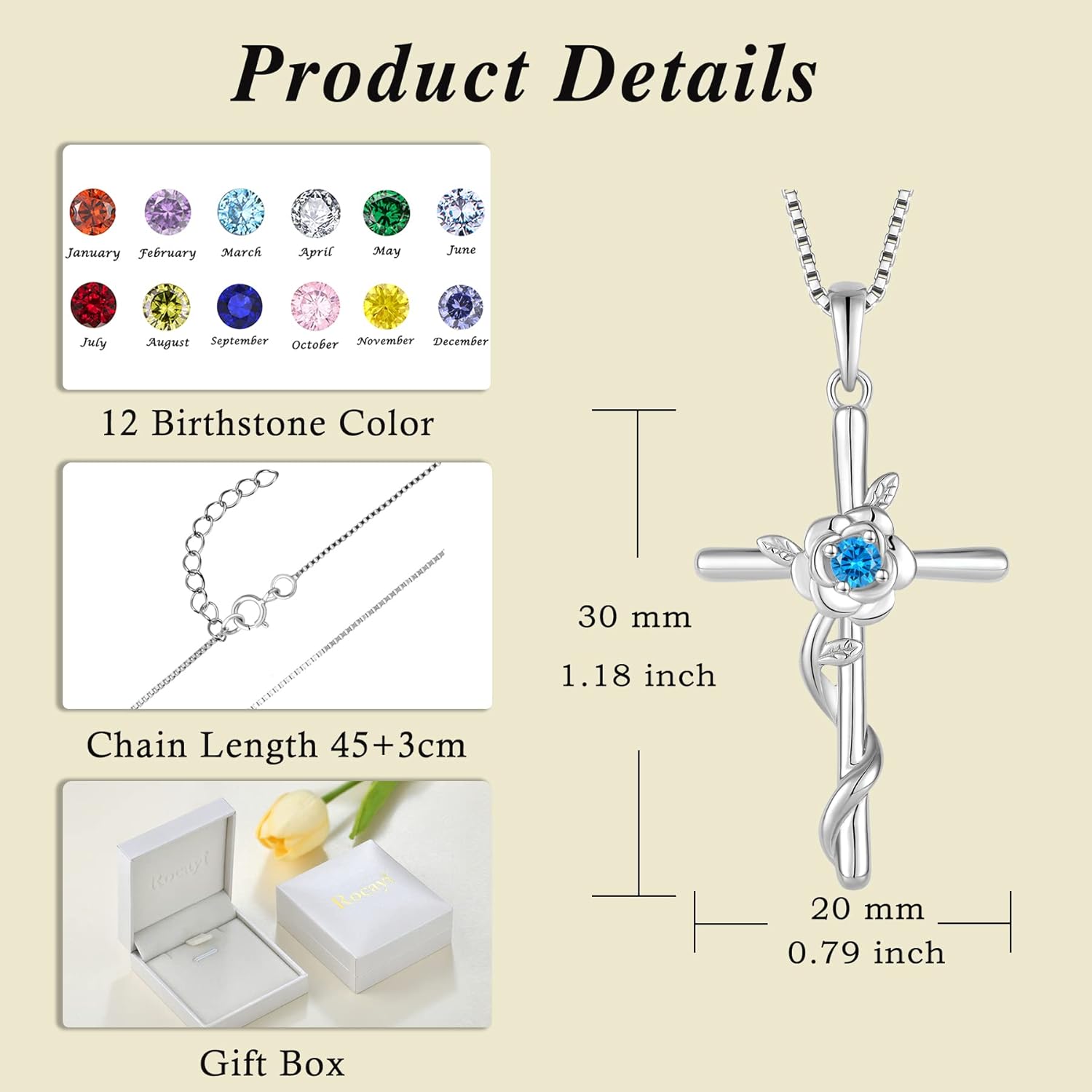 Cross Necklace for Women 925 Sterling Silver Rose Flower Birthstone Pendant Crucifix Faith Religion Necklace Created Gemstone Jewelry for Women