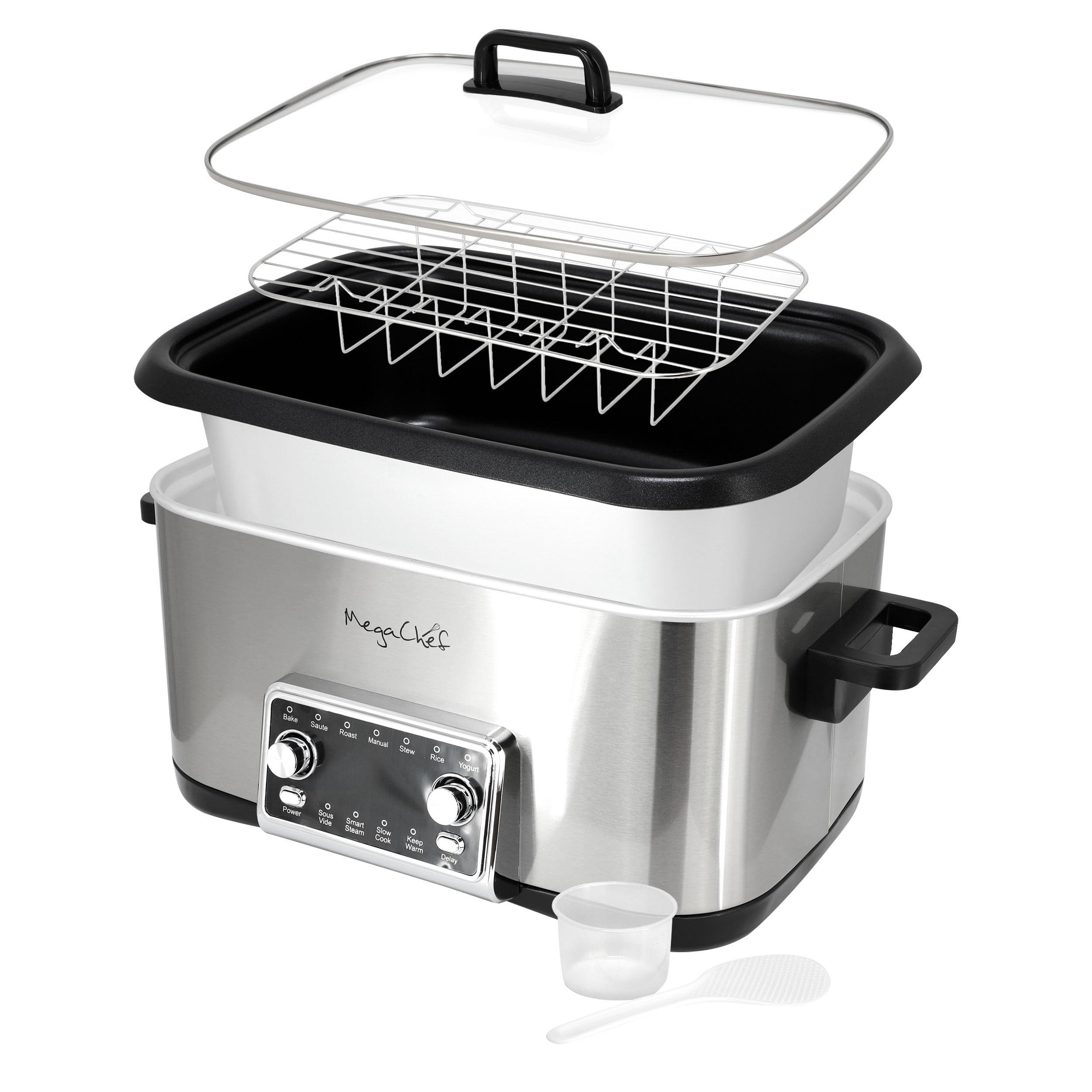 MegaChef Deluxe 8 Quart 12-in-1 Programmable Multi Cooker with Sous Vide and Multi-Functions, Digital Display, Adjustable Temperature & Time, Removable Pot, Tempered Glass Lid