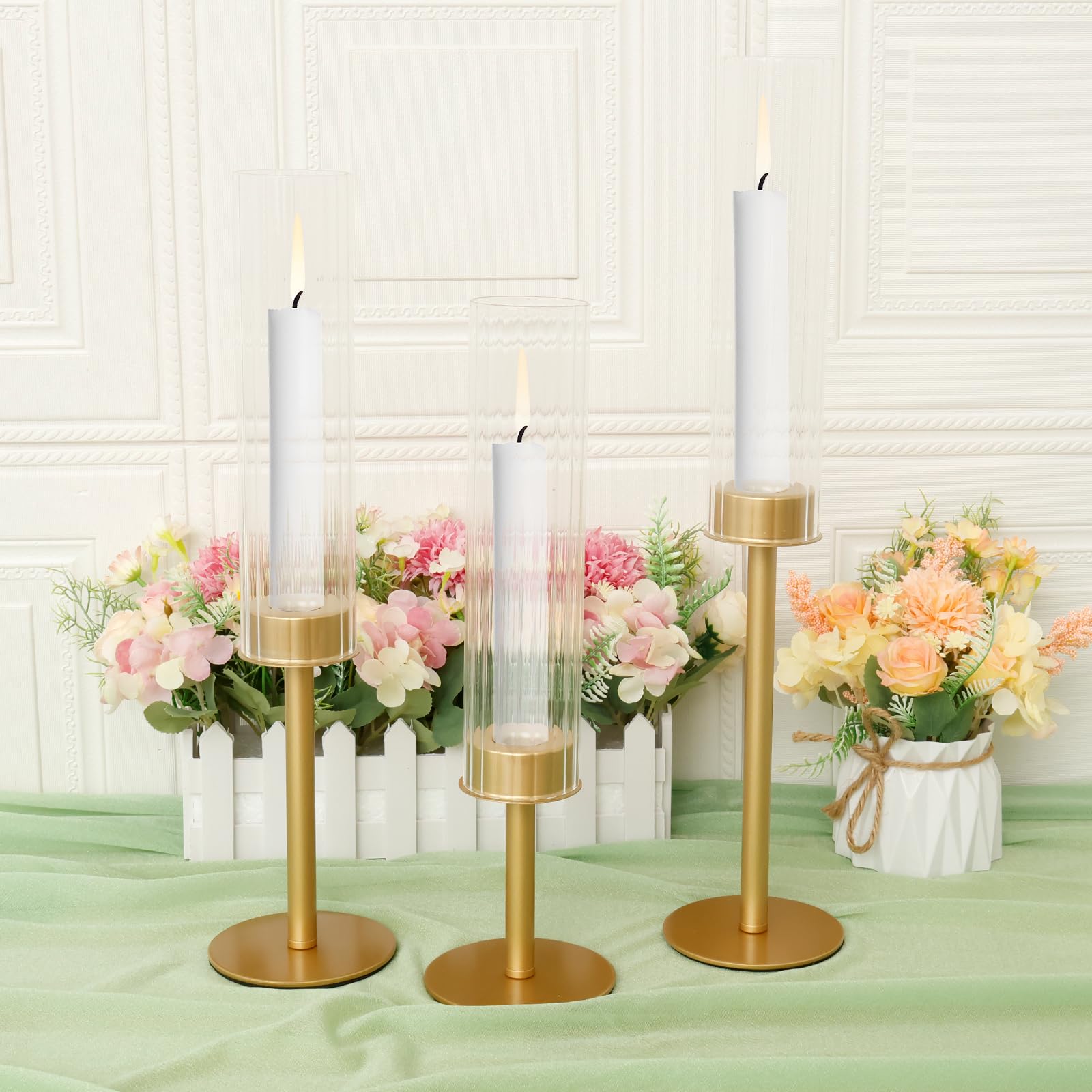 Qinglang Gold 3Pcs Hurricane Candle Holder With Ribbed Glass Cylinder Metal Candlestick Holders Windproof Candle Stand Tall Candlestick Holder For Centerpiece Table Fireplace Living Room Decoration