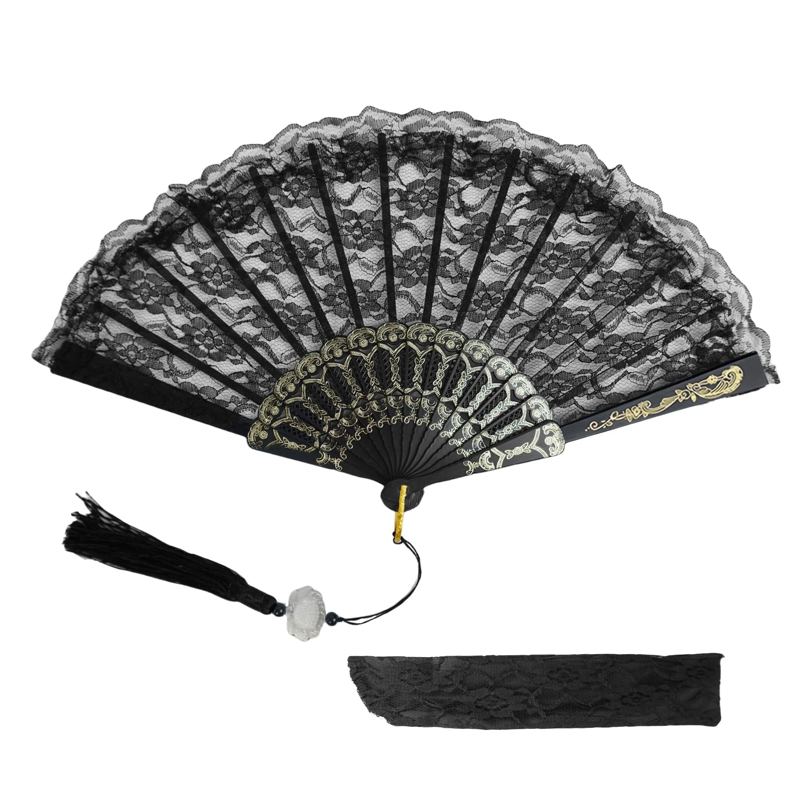 Hugwait Elegant Black Lace Folding Hand Fan for Women, Vintage Fabric Handheld Fan with Tassel, Ideal for Parties, Dancing, Cosplay, and Home Decoration-23cm