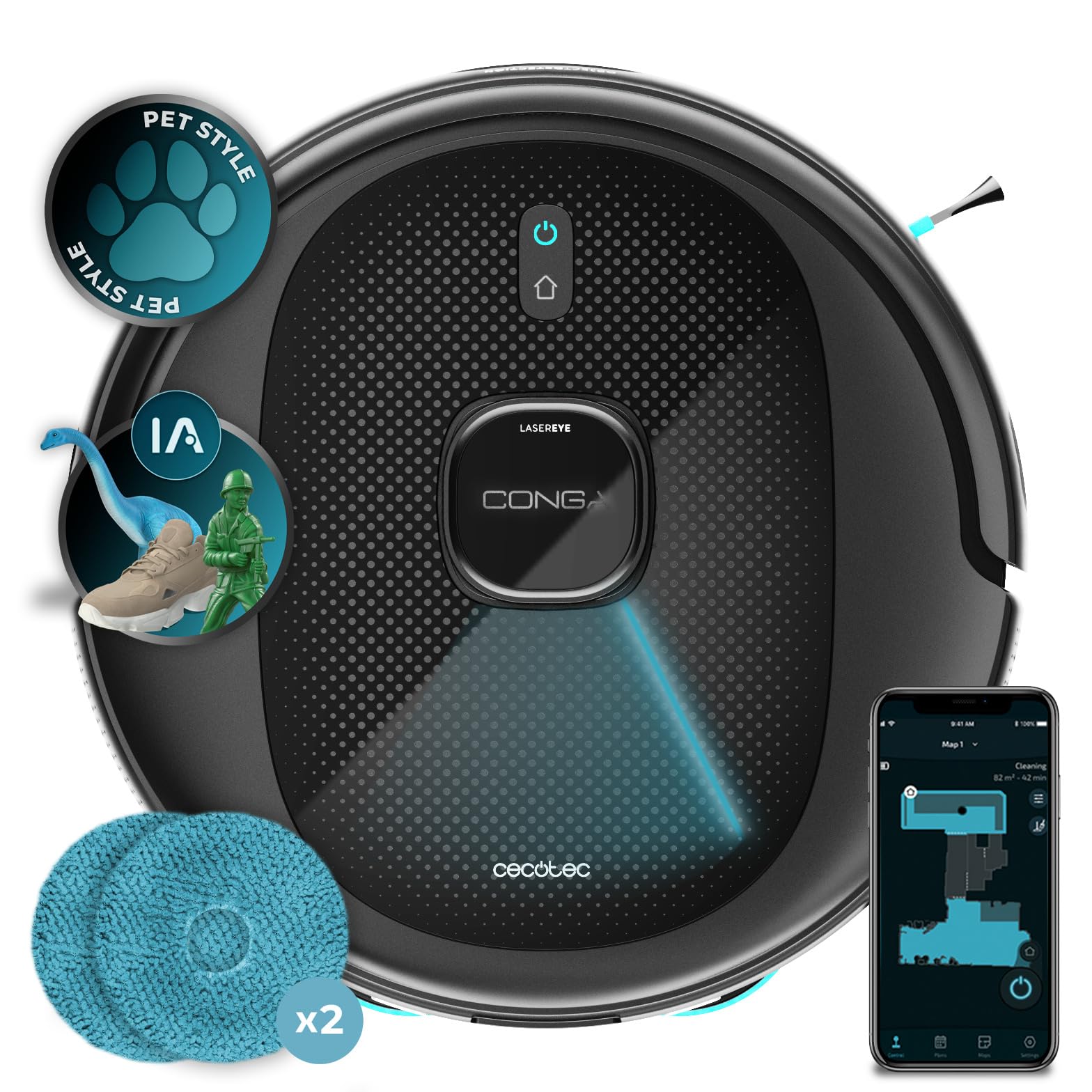Cecotec Robot odkurzający i zamiatający z SI Conga 9990 AI Spin Revolution Ultra Power. 10 000 Pa, inteligentna nawigacja, zamiatanie, odkurzanie, czyszczenie i przełączanie mopów, 240 min autonomii