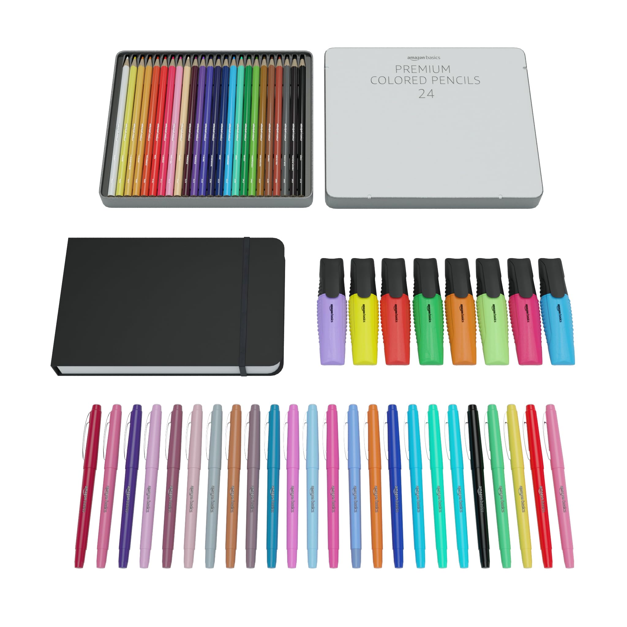 Amazon Basics Juego de suministros de arte: Cuaderno de dibujo, lápices de colores, rotuladores permanentes y subrayadores (57 piezas)