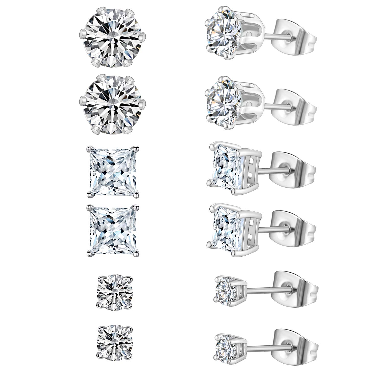 6 Pairs Stud Earrings,14K Gold Plated Round Square Hypoallergenic Cubic Zirconia Earrings