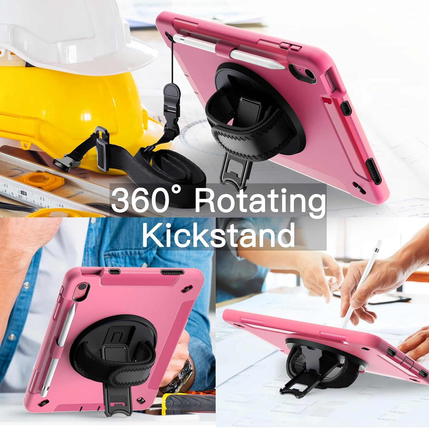 JETech Case for iPad (A16) 11th/10th Generation (2025/2022) with Built-in Screen Protector, Protective Shockproof Rugged Tablet Cover, 360 Degree Rotating Hand Strap Stand (Pink)