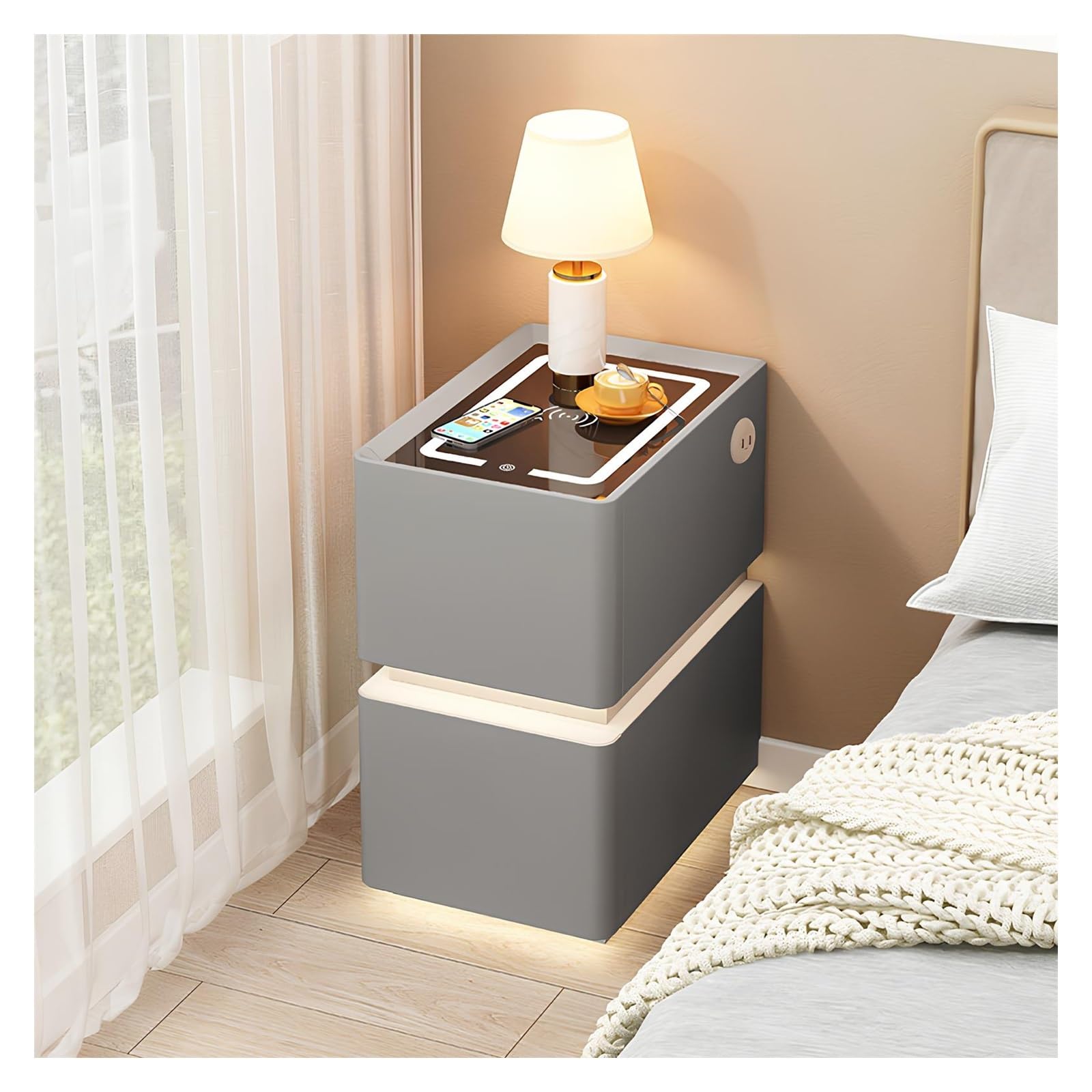 Table de nuit gain de place en cuir avec chargeur à induction