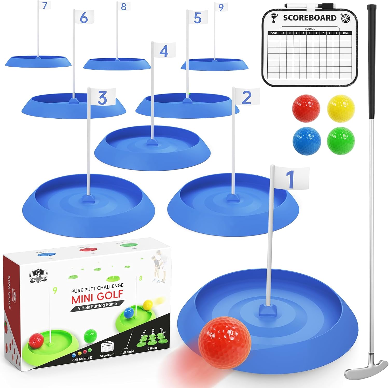 Mini Golf Game Set, Indoor Mini Golf Course for Adults Includes 9 Holes, 4 Balls, Dry-Erase Scorecard, and Golf Putter, Build Your Own Miniature Golf Course at Home Office Green Backyard, Blue