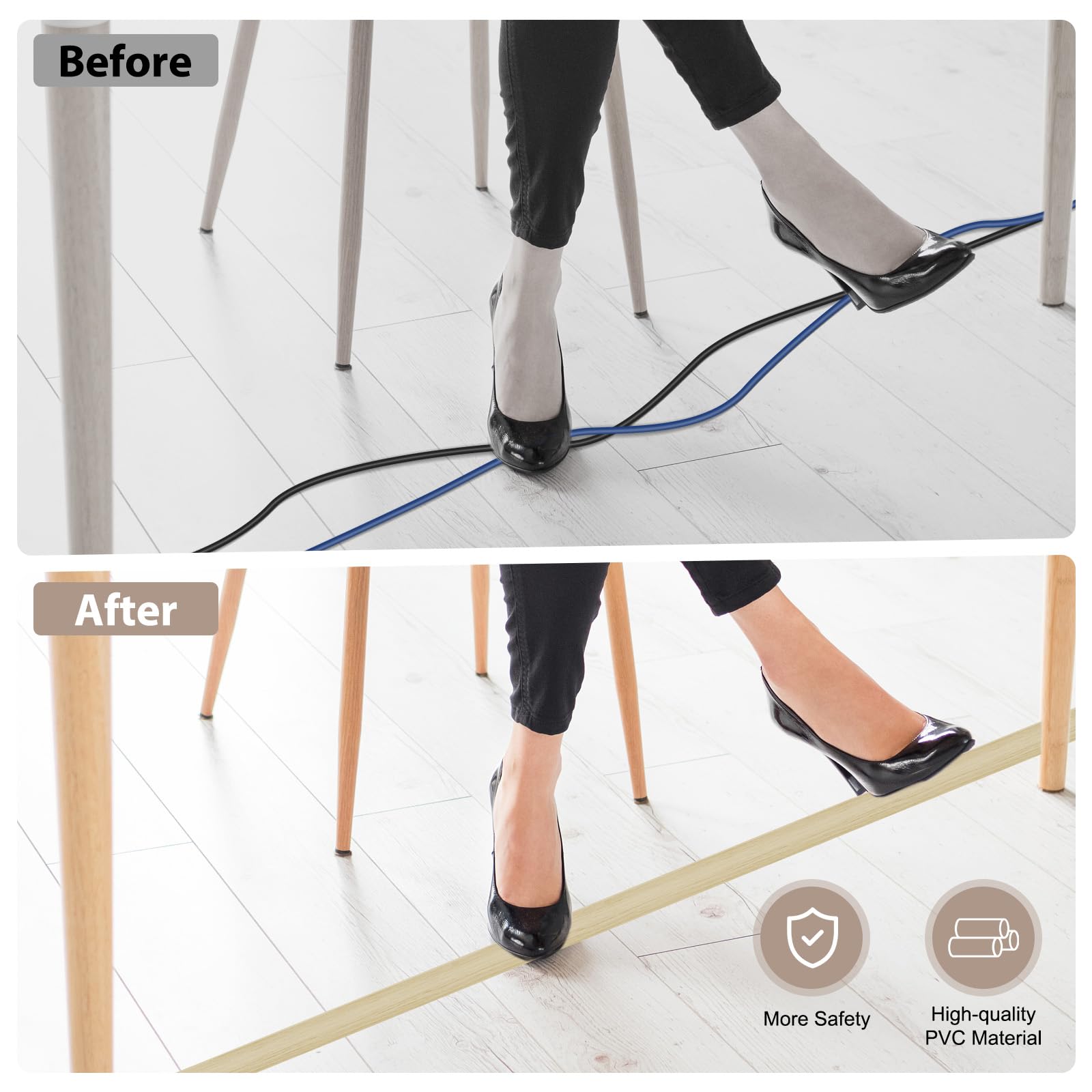 Canaletas para Cables Adhesiva canaleta pasacables para Suelo Cubiertas de Suelo para Cables pasacables de PVC (1m×3cm, Grano de Madera Beige) — view 5