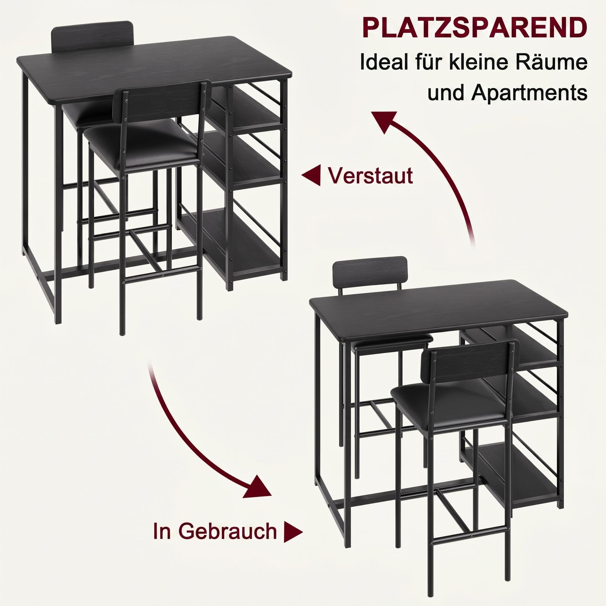 Bartisch mit Barhocker Set, 3-Teilig Kleiner Esstisch mit 2 Gepolsterten Stühlen & 3 Ablagen für Küche, Esszimmer, Bartisch mit 2 Stühlen für Kleine Räume