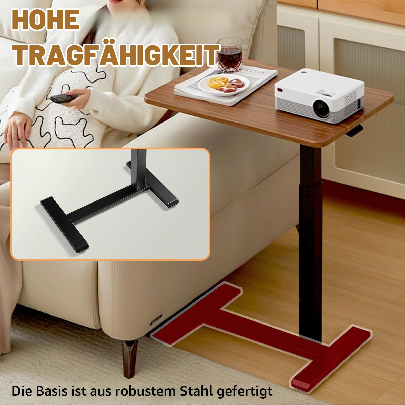 Stehpult Höhenverstellbarer Stehtisch mit 4 Rollen - Mobiler Stufenlos Höhenverstellbarer Beistelltisch, Verstellbarer Pneumatischer Betttisch für Couch, Bett, Kinderzimmer Krankenhaus und Homeoffice